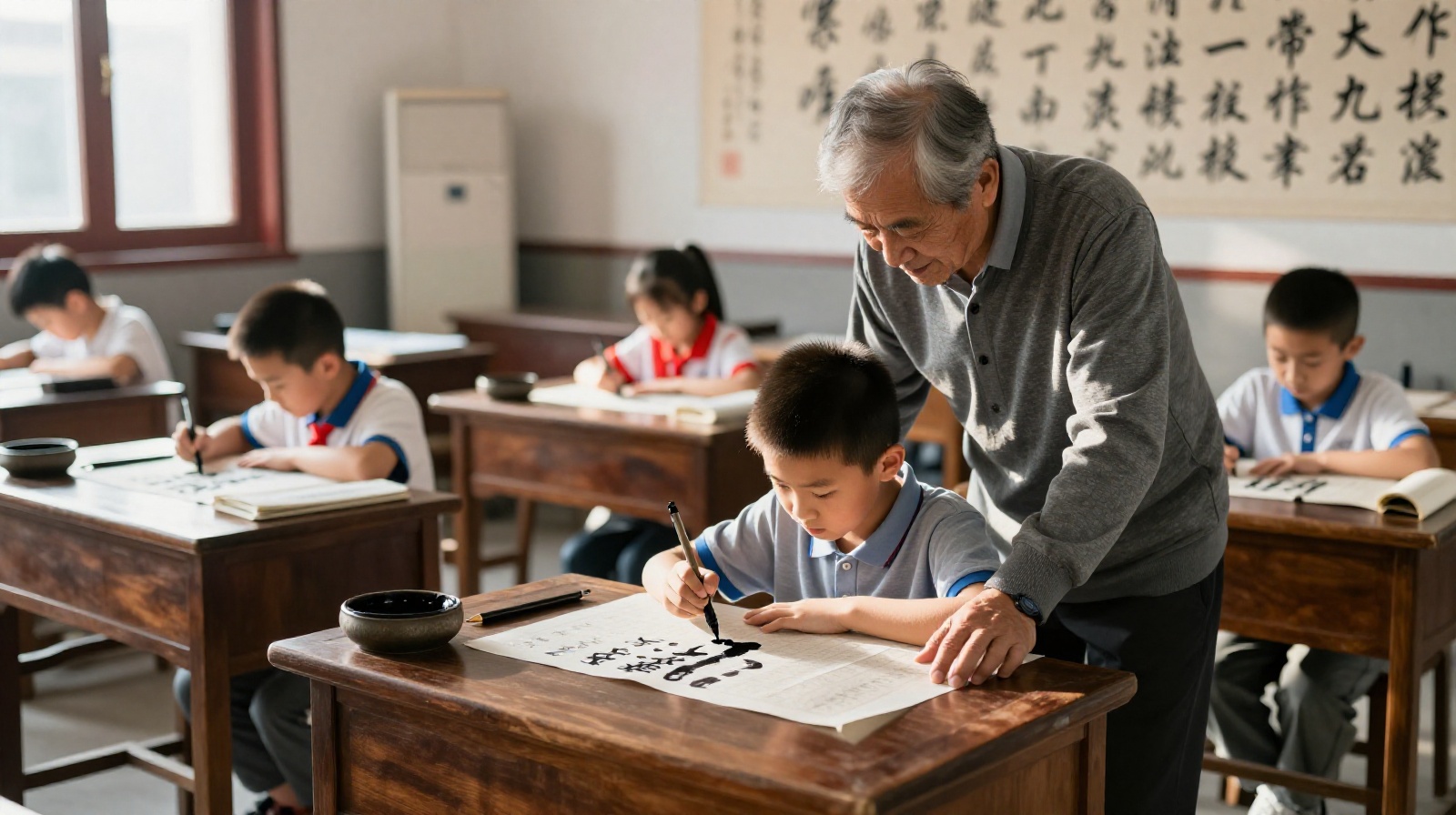 A boy learning calligraphy with a fountain pen in a Beijing classroom, teacher guiding him.