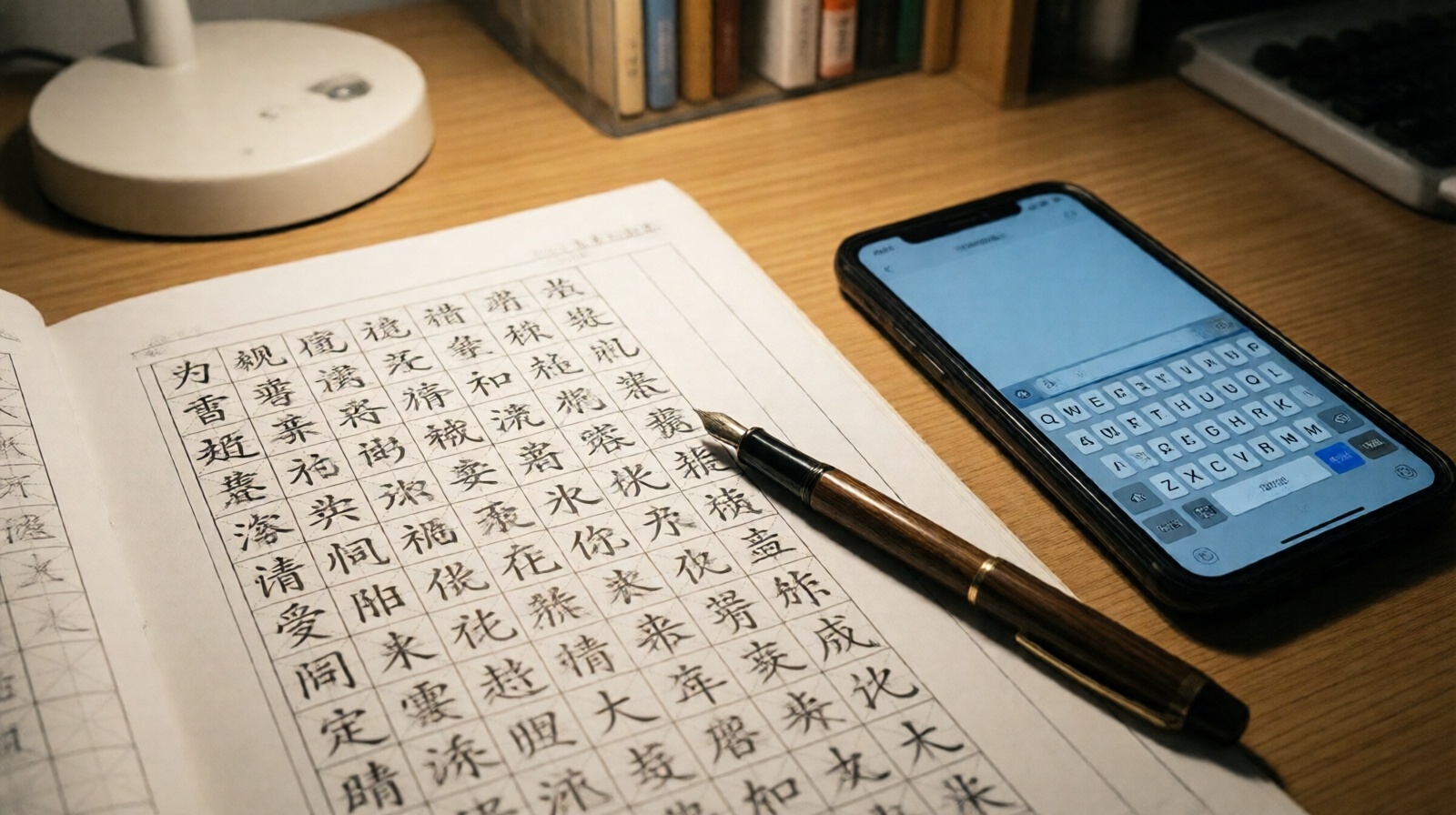 A child's handwriting practice sheet with a pen beside a smartphone, showing the contrast between analog and digital writing.