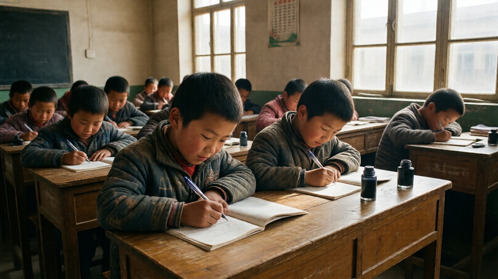 Rural Chinese schoolchildren writing with fountain pens in a classroom without computers.