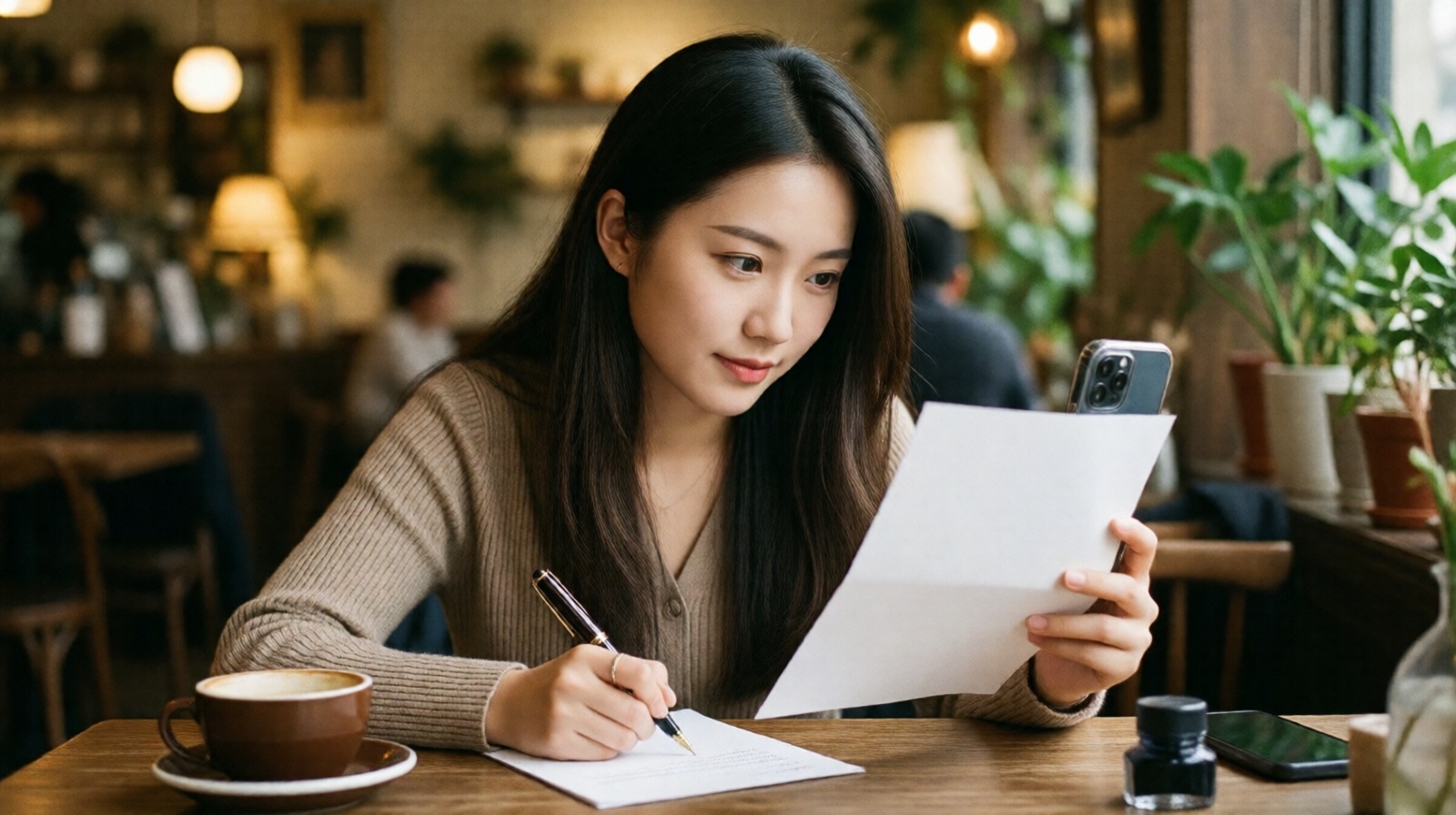 A young woman photographing her handwritten letter with a smartphone in a cafe, blending old and new.