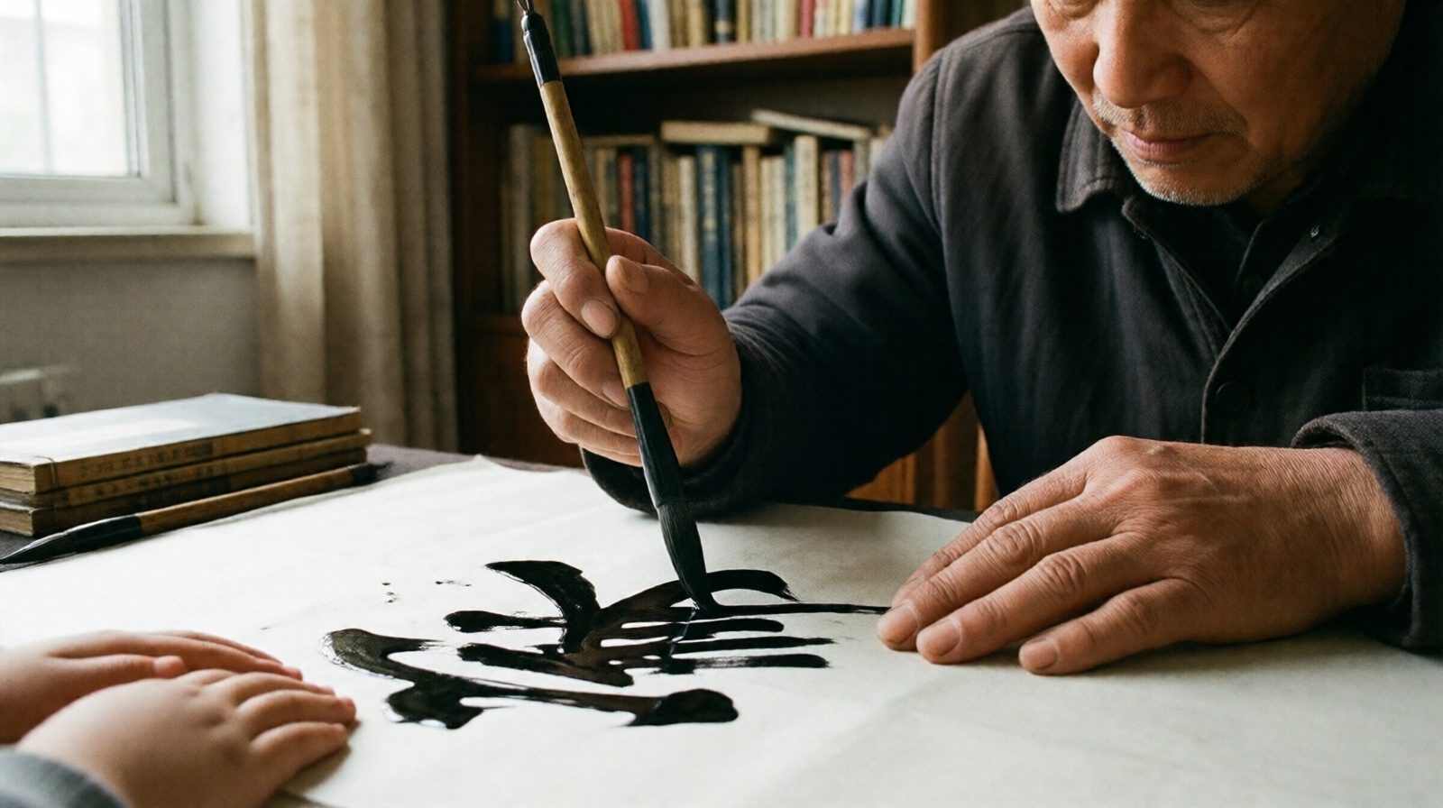 Elderly Chinese man teaching grandson calligraphy, writing the character '家' (home) on rice paper with a brush