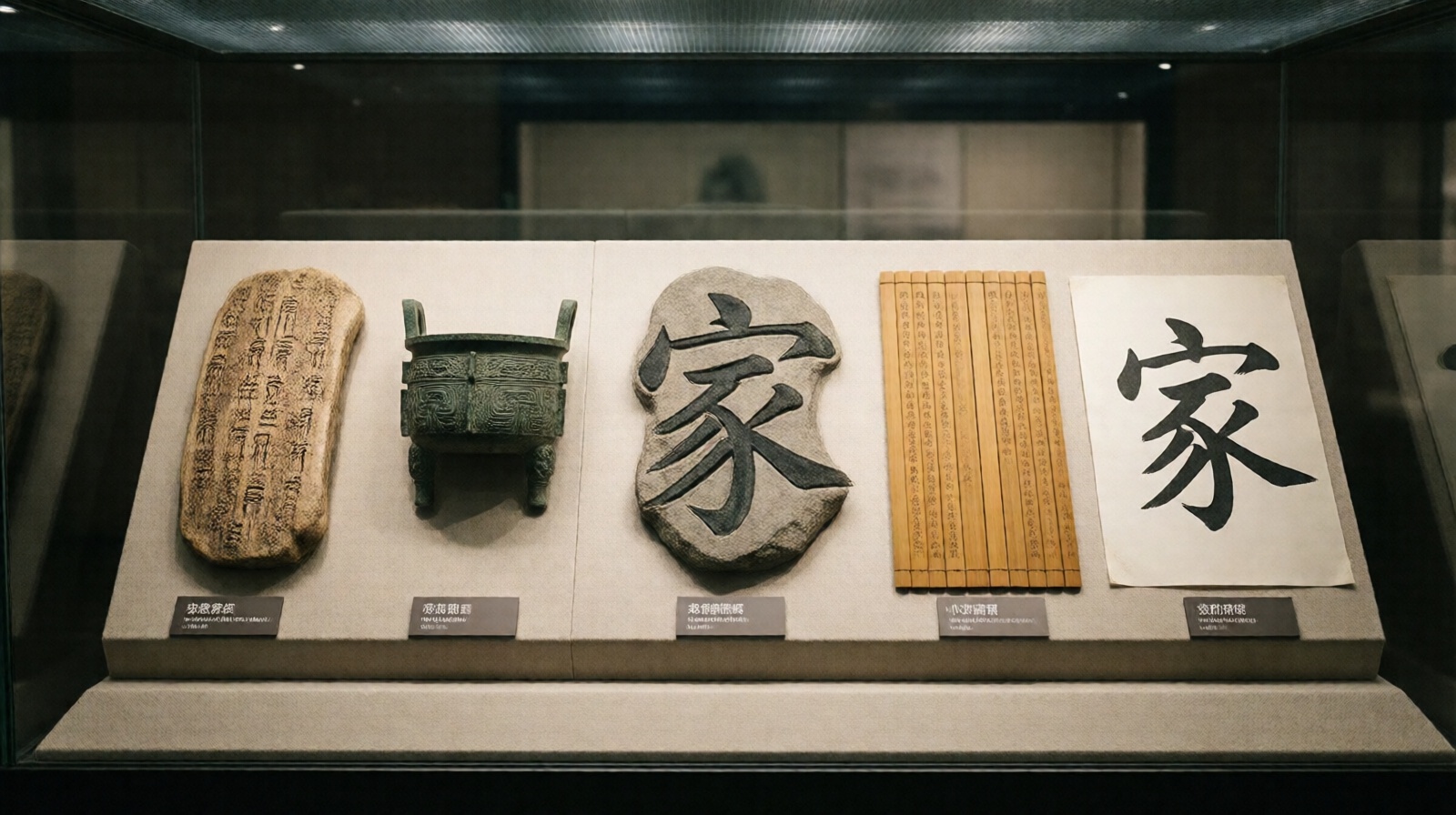 Evolution of the Chinese character '家' from oracle bone script to modern regular script displayed in a museum