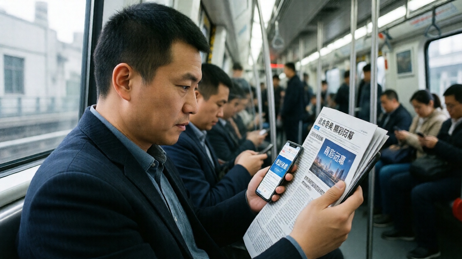 A Chinese commuter reading a news headline on their phone in a subway carriage, the headline shows the omission of verbs and articles typical of Chinese news style.