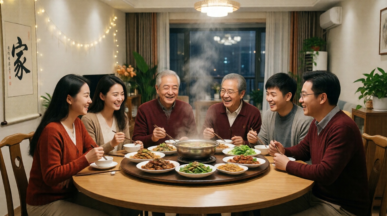 Chinese family dinner in a modern apartment with calligraphy of character 'jia' (home) visible on wall