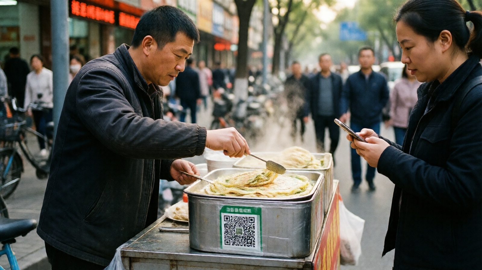 Chinese street vendor selling jianbing with QR code payment, customer using smartphone