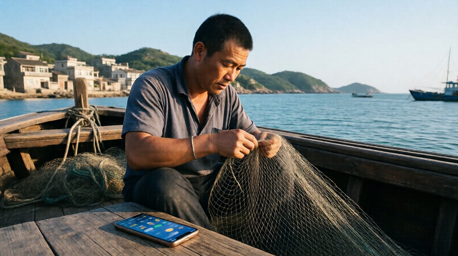 Chinese fisherman repairing traditional fishing net with a smartphone nearby showing weather app