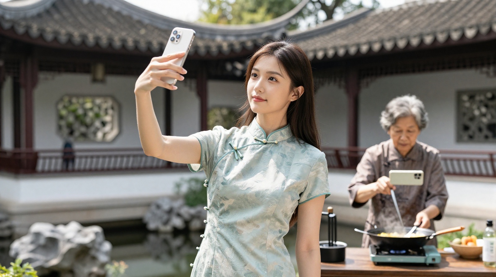 Young woman in qipao selfie with elderly grandmother livestreaming cooking, blending tradition and modernity