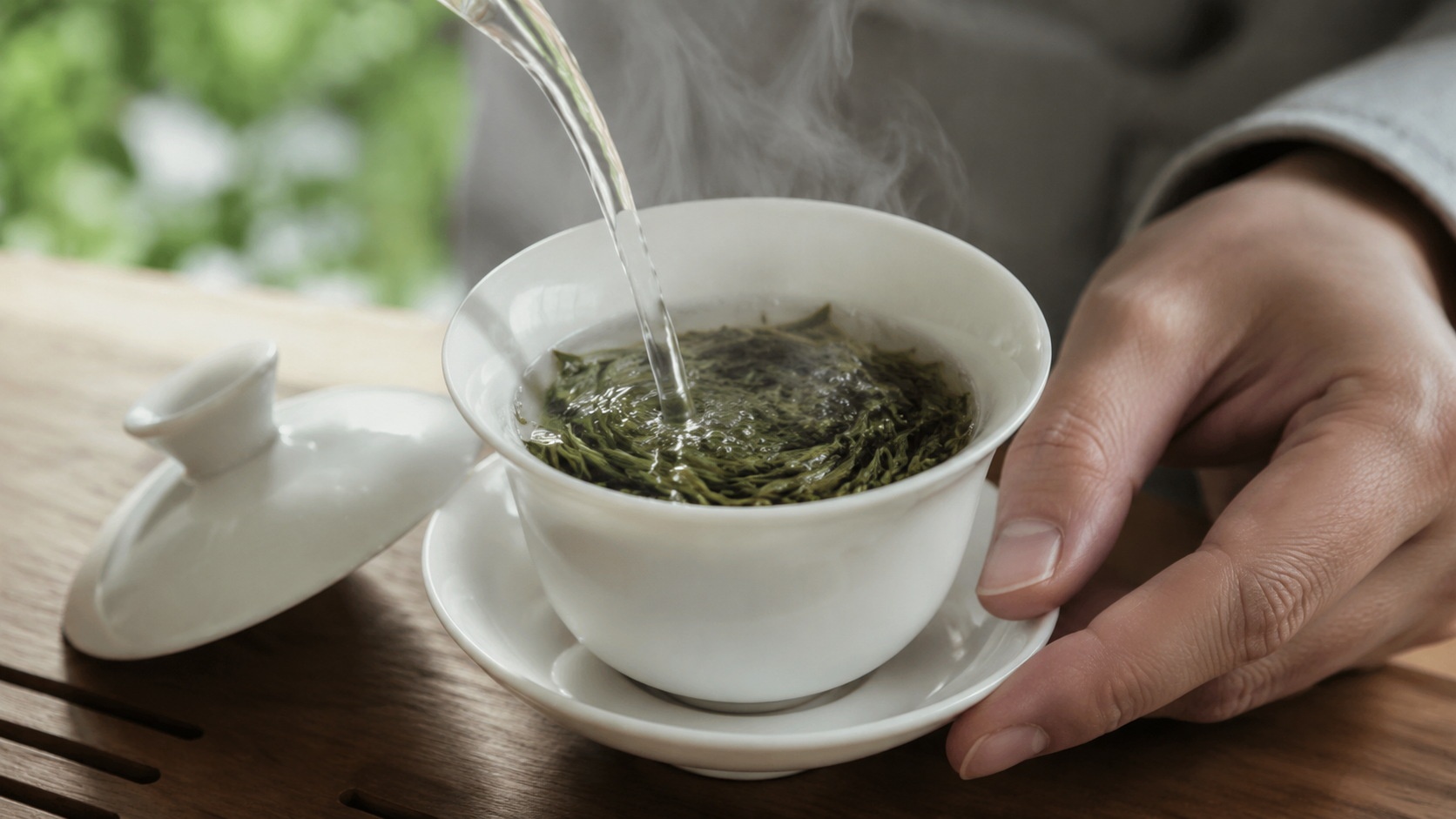 A porcelain Gaiwan being used to brew green tea, with hot water poured from a kettle, showing steam and tea leaves.