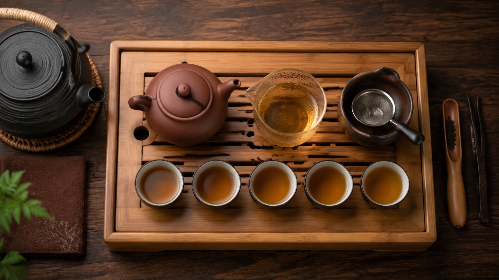 Complete set of Chinese Gongfu tea tools including a Yixing teapot, fairness cup, small teacups, and accessories laid out on a bamboo tray.