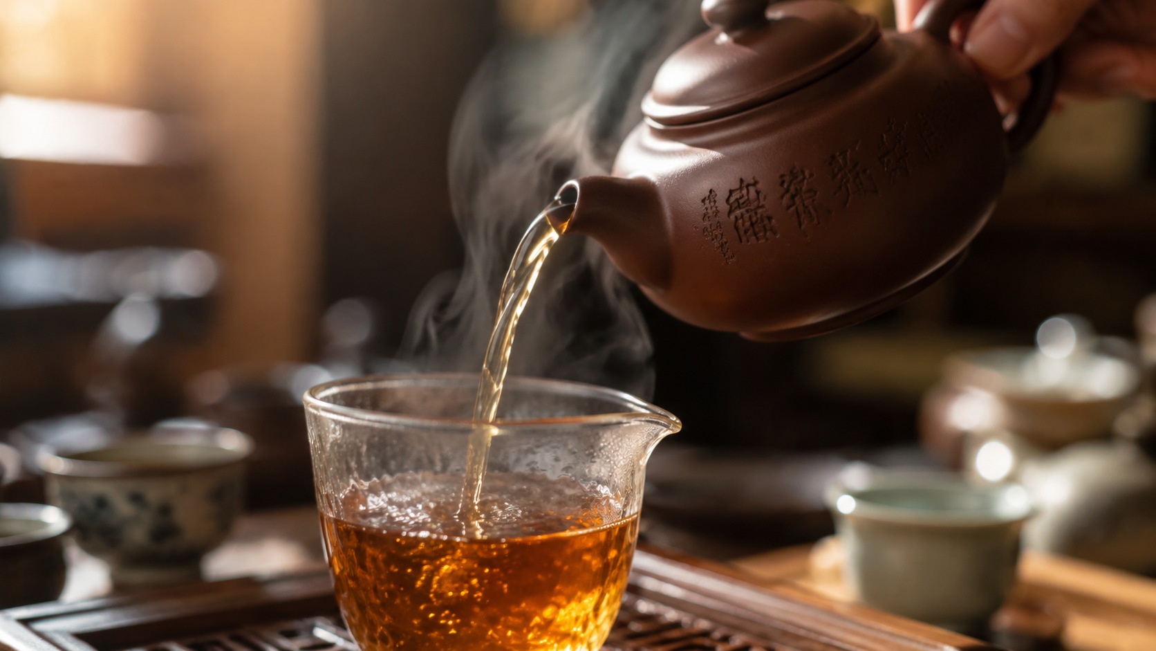 Pouring oolong tea from a Yixing teapot into a fairness cup, with a clear amber liquid stream and steam visible.