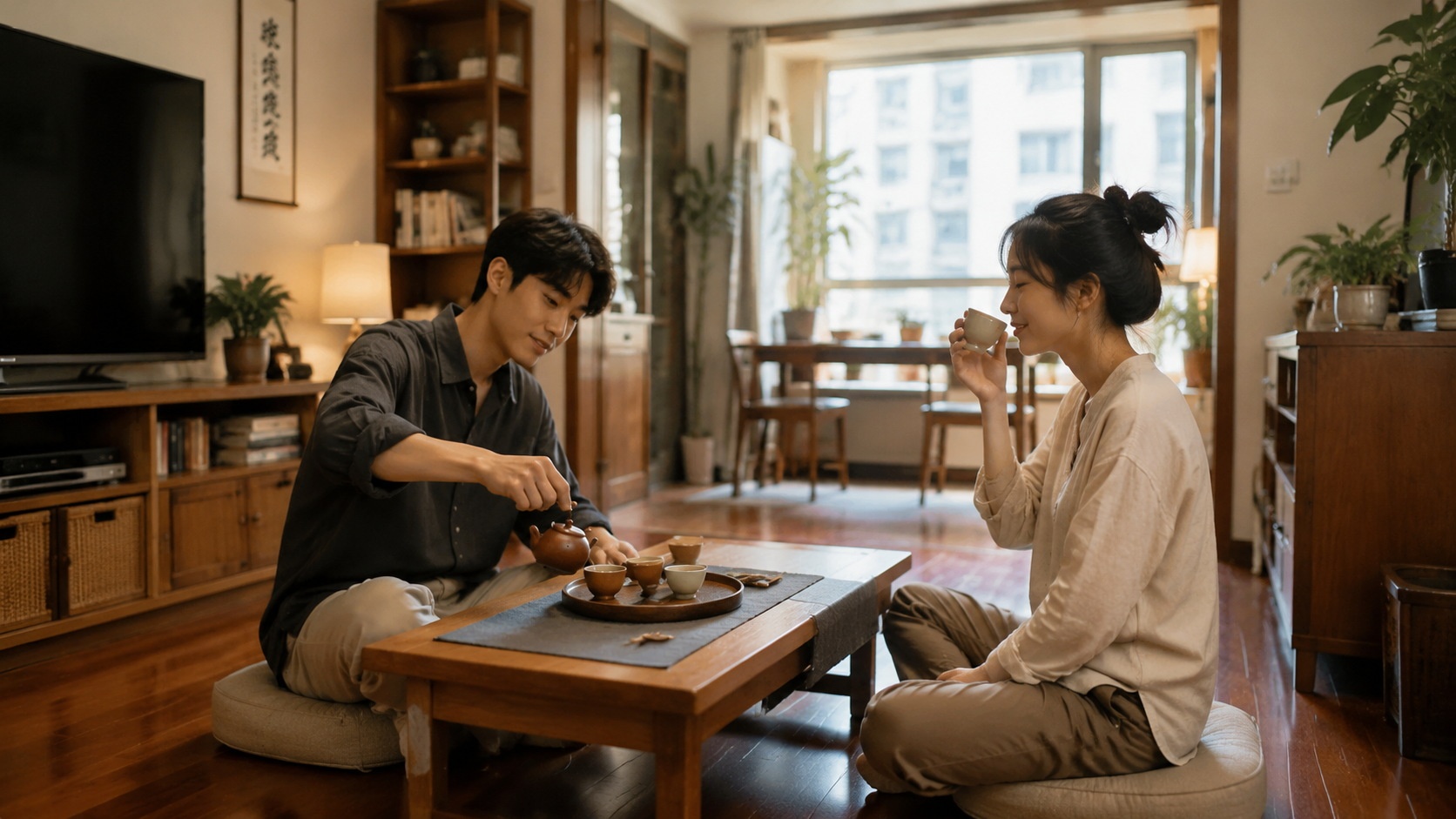 Two young friends enjoying a tea session in a modern Chinese home, one pouring tea from a small teapot into cups.