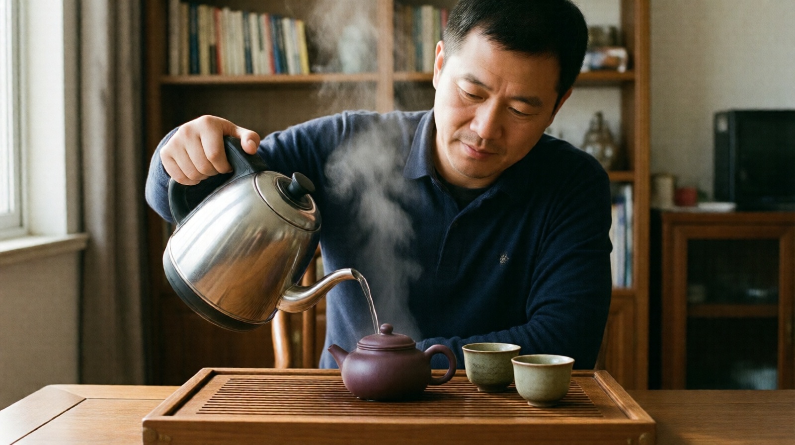 Chinese man preparing oolong tea with a purple clay teapot and electric kettle at home, steam visible, tea tray and cups on wooden table.