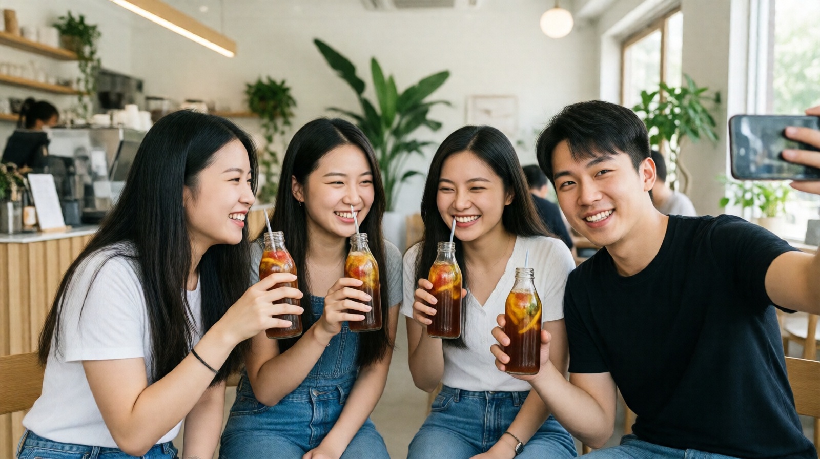 Young Chinese friends in a new-style tea shop holding cold-brew tea bottles with fruit, laughing and taking photos, modern interior.