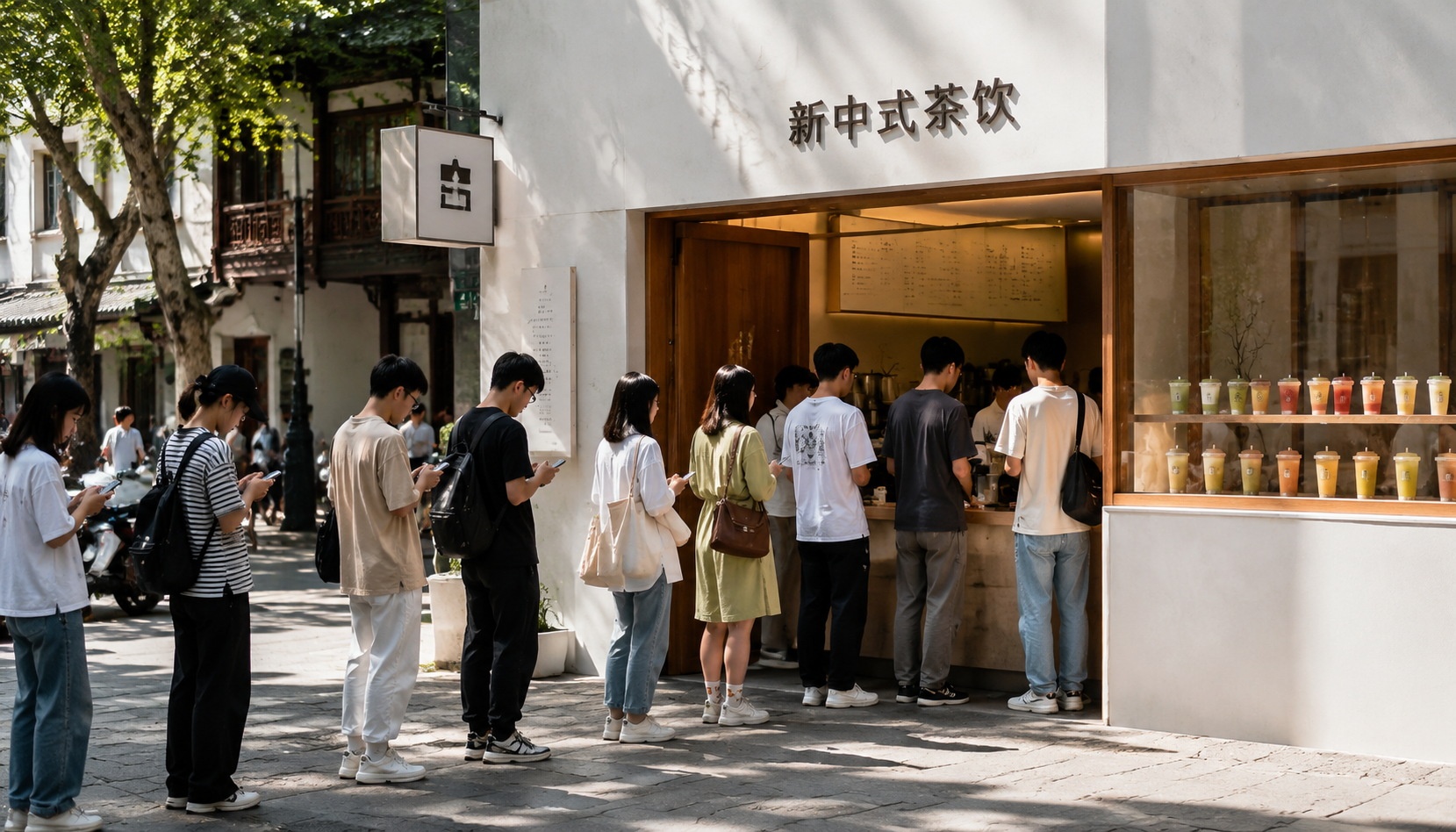 Young people queuing for new-style tea drinks at a modern tea shop in Shanghai, showing the popular trend