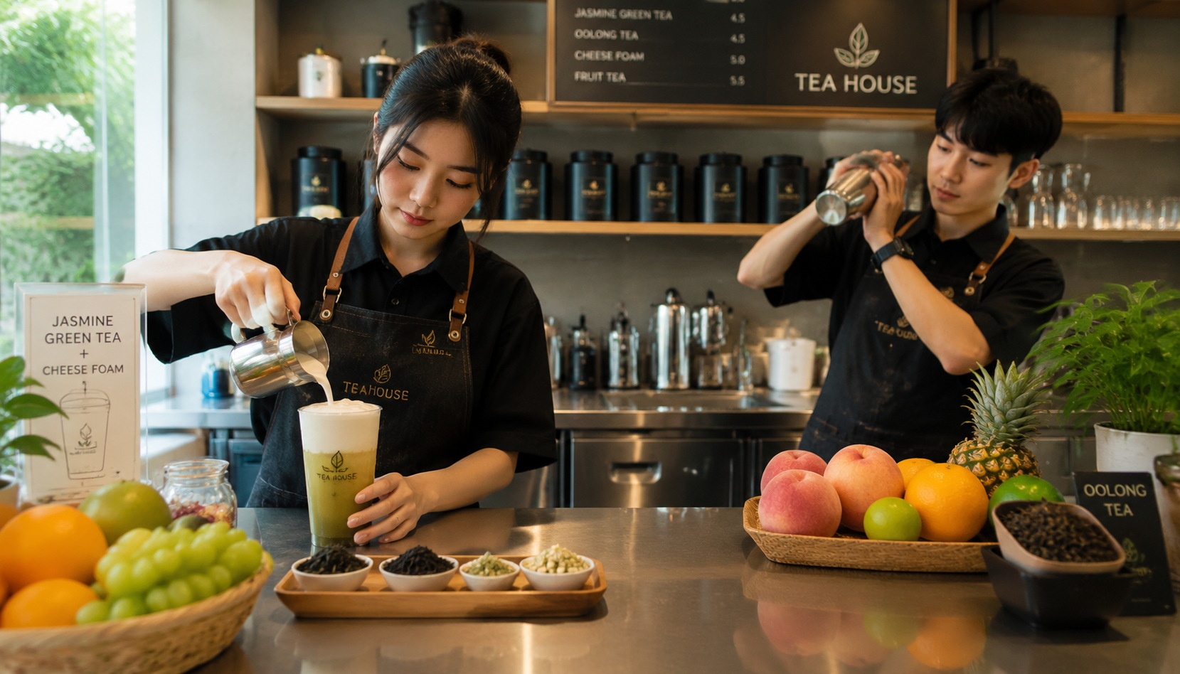 Baristas preparing new-style tea drinks with cheese foam and fresh fruit, illustrating the craft behind the trend