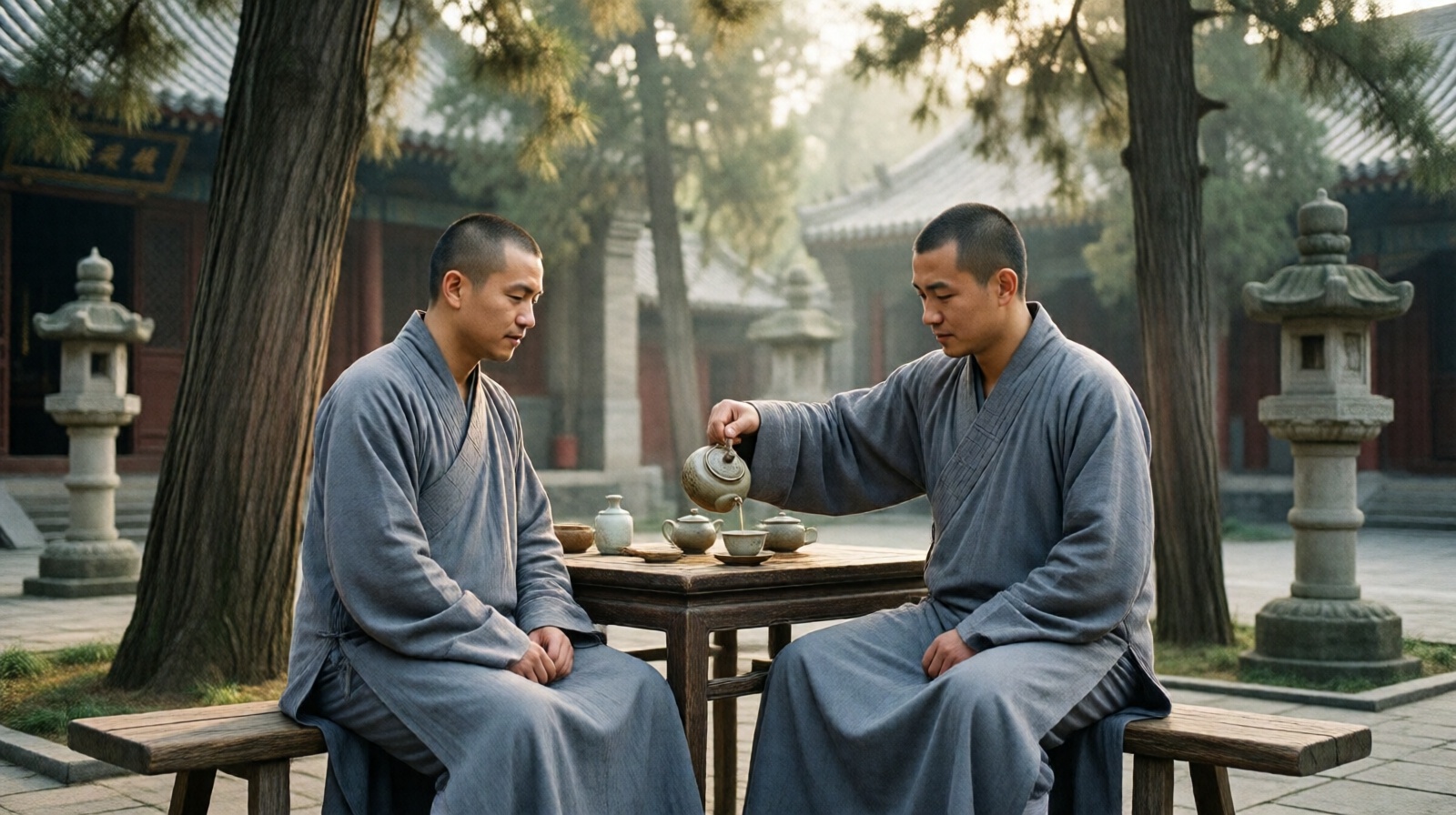 Two Chinese Buddhist monks practicing tea meditation in a temple courtyard