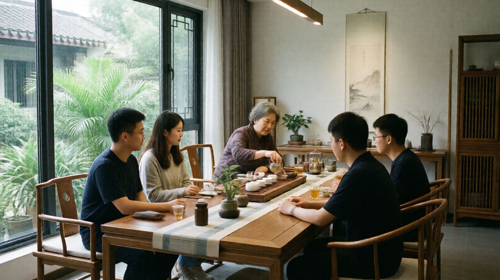 Young Chinese professionals learning tea mindfulness at a contemporary tea house