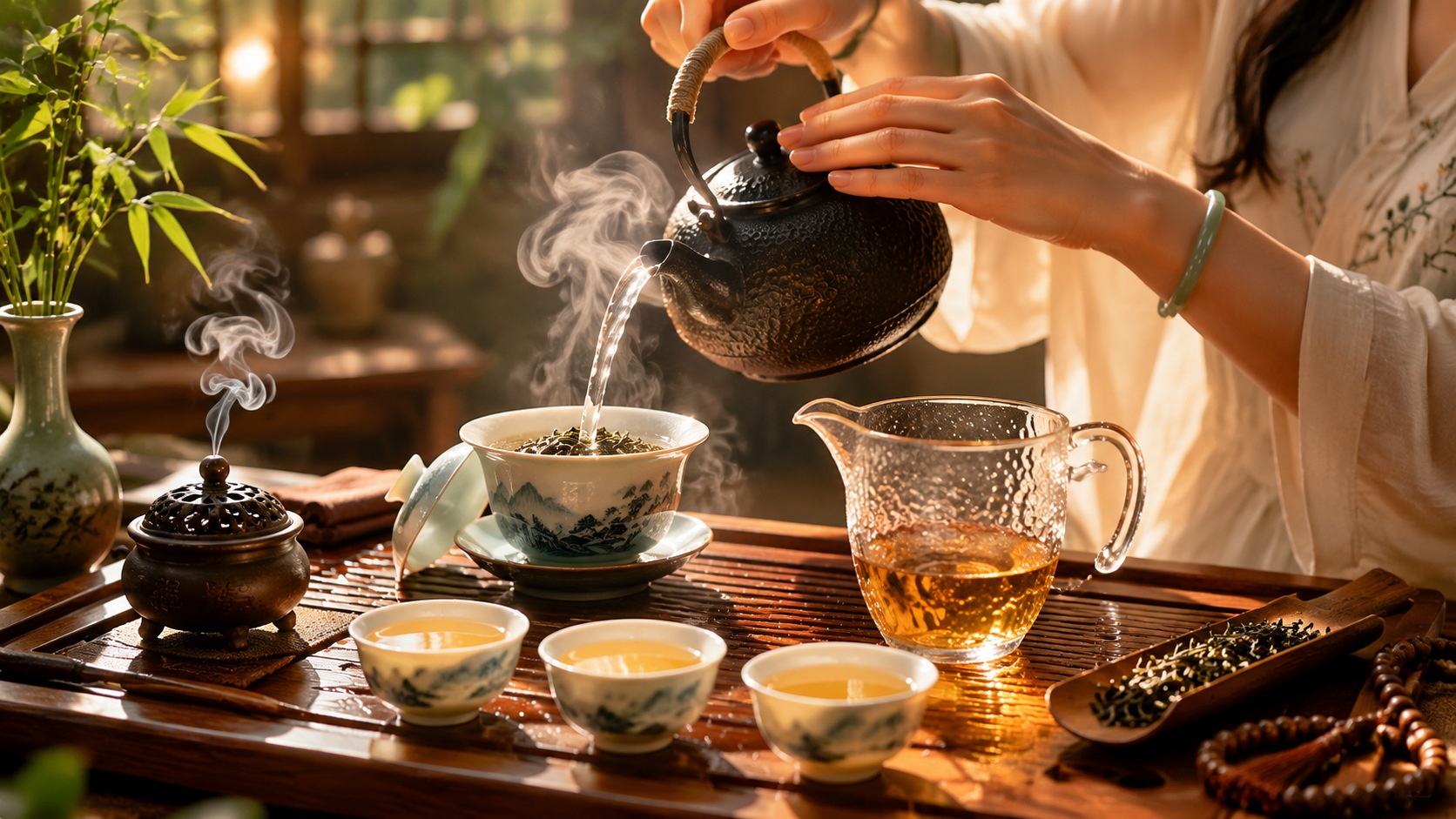 Traditional Chinese gongfu tea ceremony with graceful hand movements
