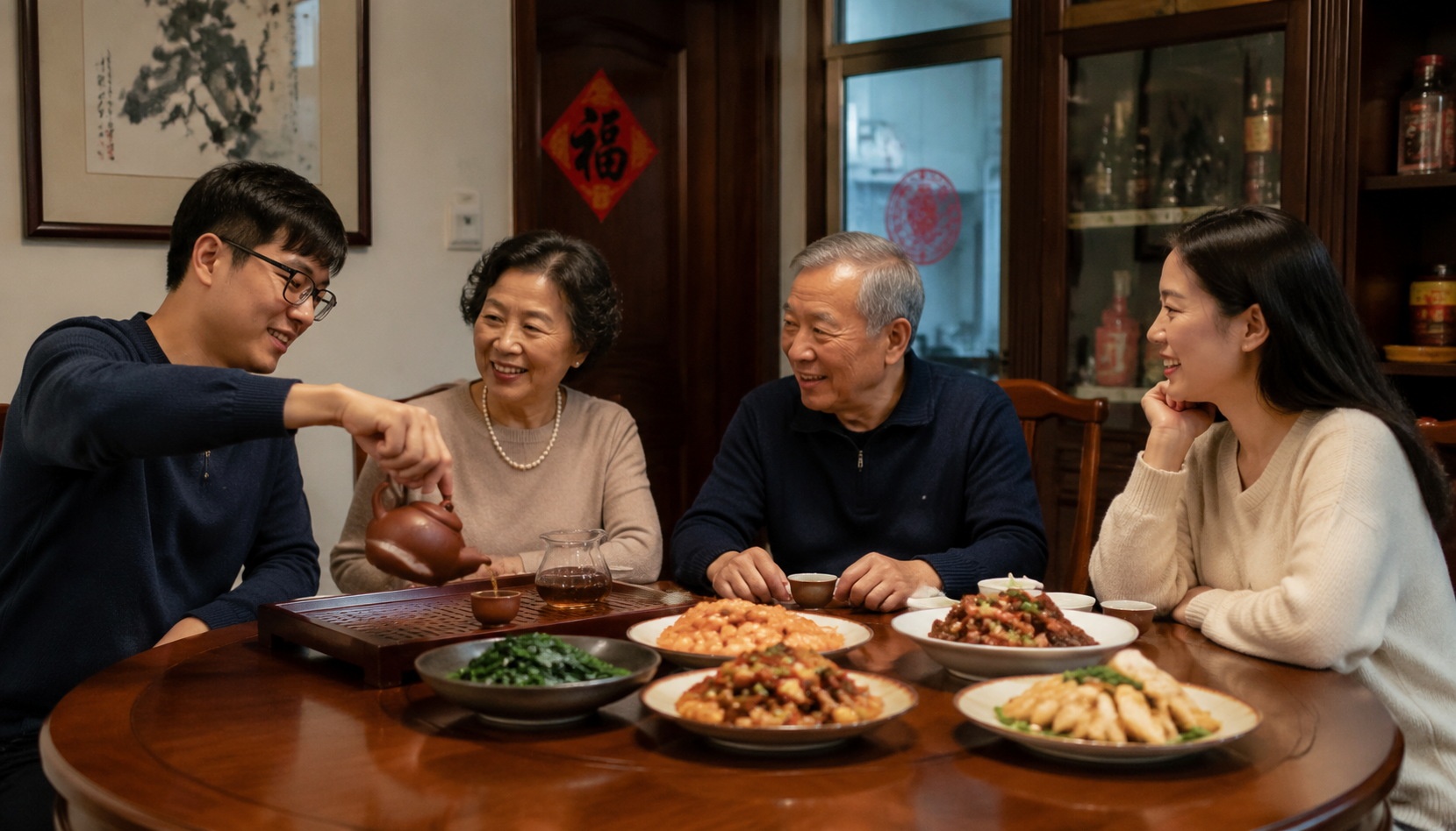 Chinese family gathering around tea set after dinner, sharing conversation