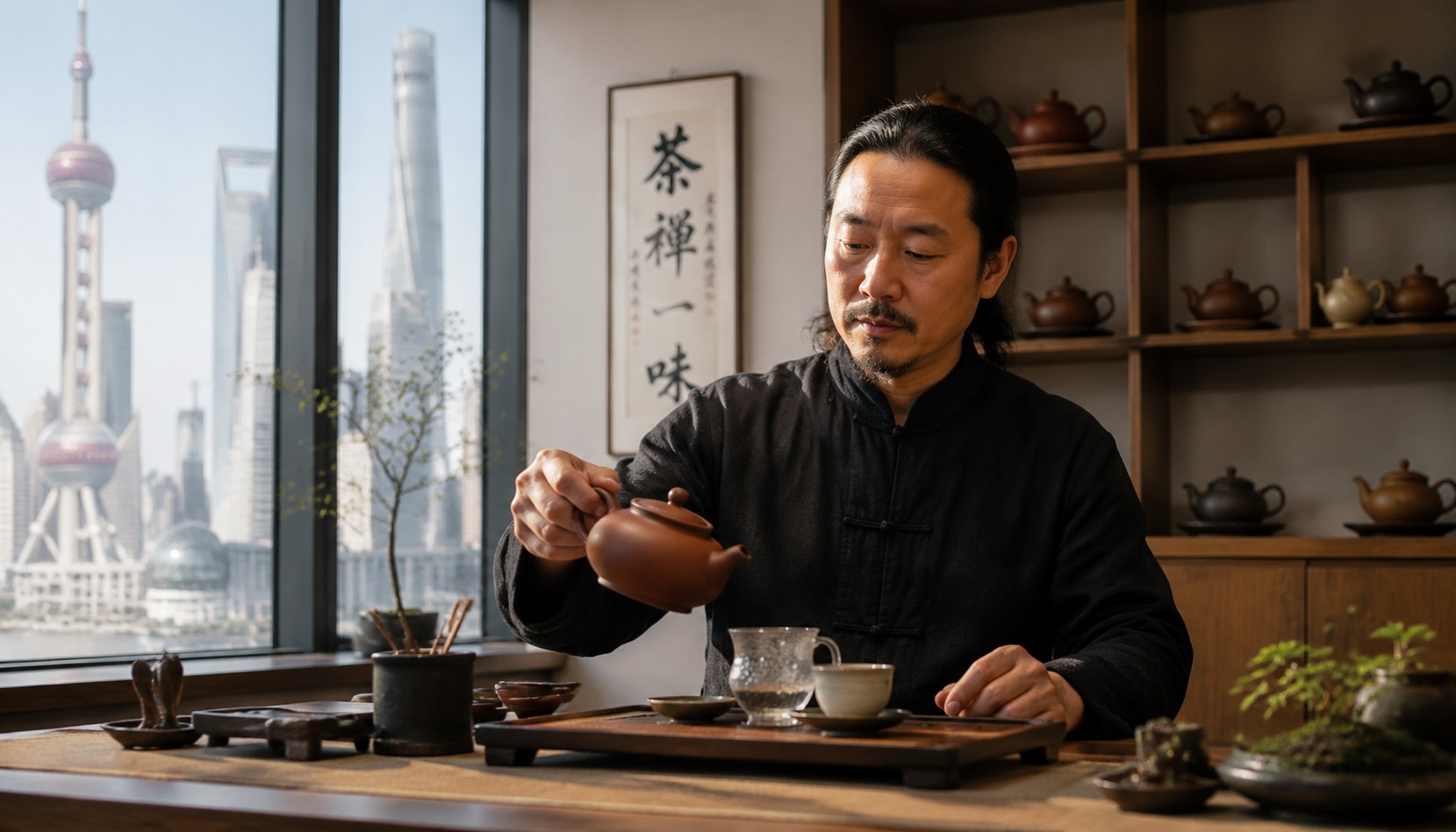 Tea master holding a Yixing teapot in a studio, preparing to pour tea