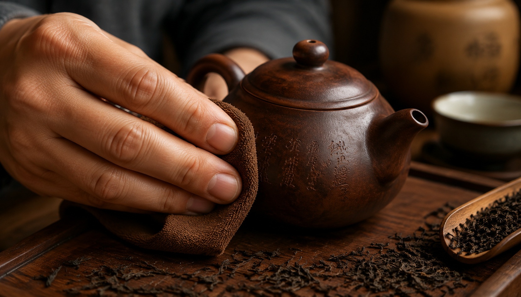Hand polishing a Yixing teapot to develop its patina