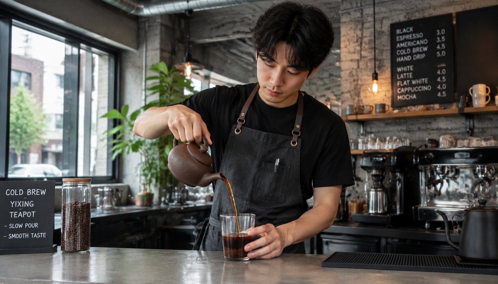 Barista using a Yixing teapot for cold brew coffee in a hip cafe