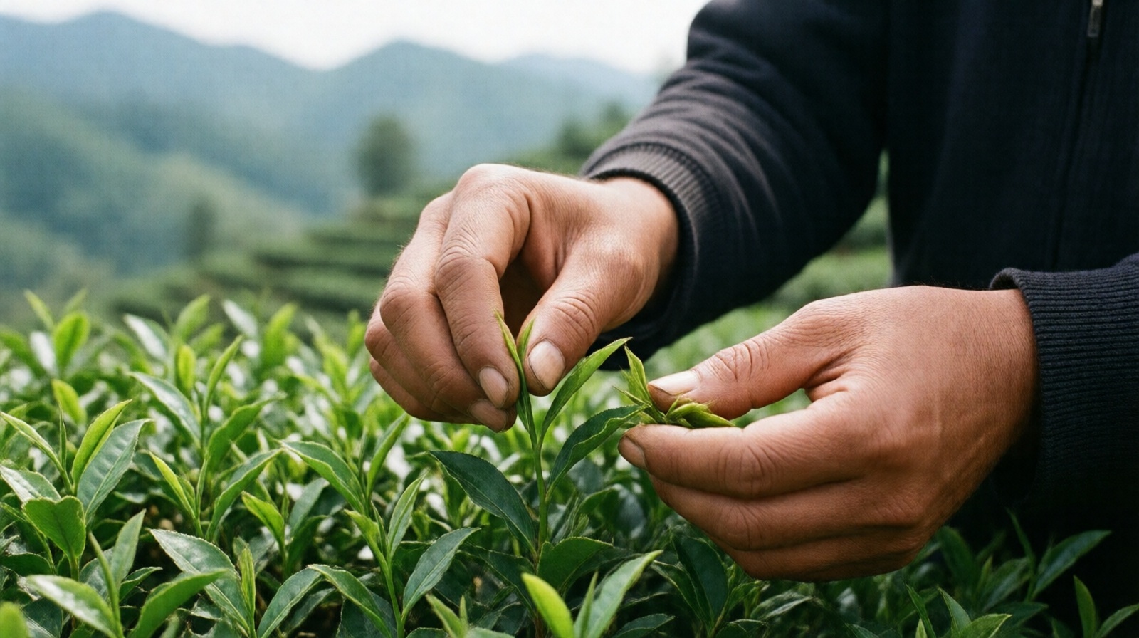 Tea farmer's hands picking fresh tea leaves in a hillside plantation in China, showing traditional manual harvest.
