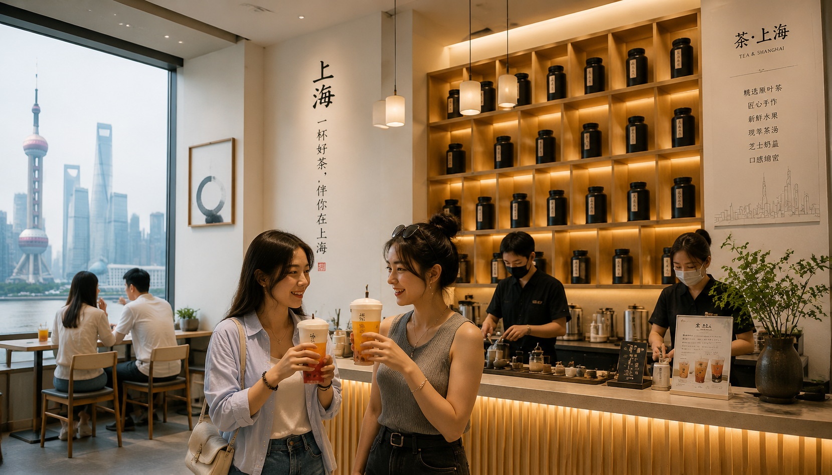 Young people at a trendy Chinese tea bar in Shanghai drinking fruit tea and cheese tea, modern tea culture.