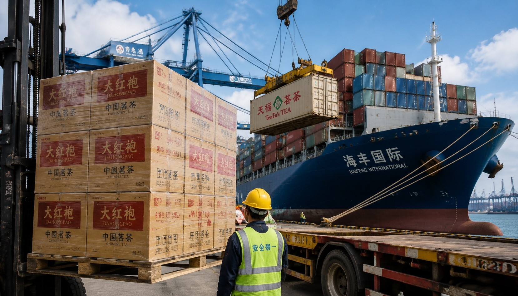 Pallets of Chinese tea exports being loaded onto a container ship at a port, international trade in tea.