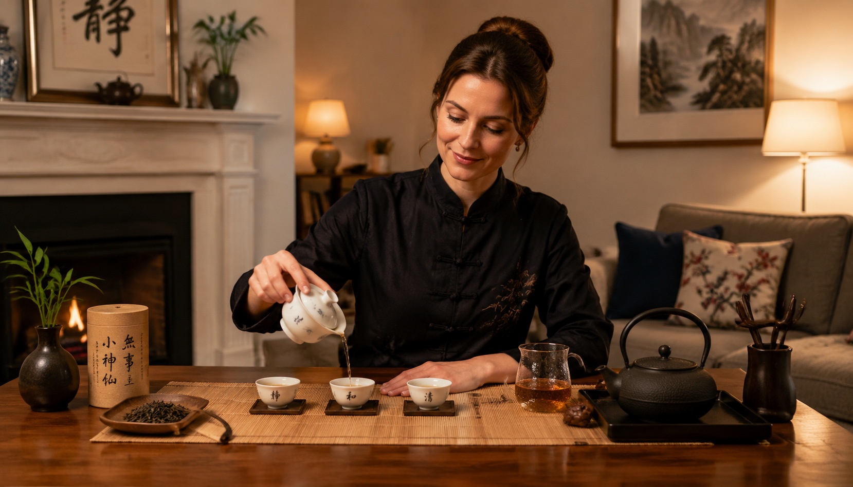 Western woman performing a Chinese tea ceremony at home, learning traditional tea brewing method.