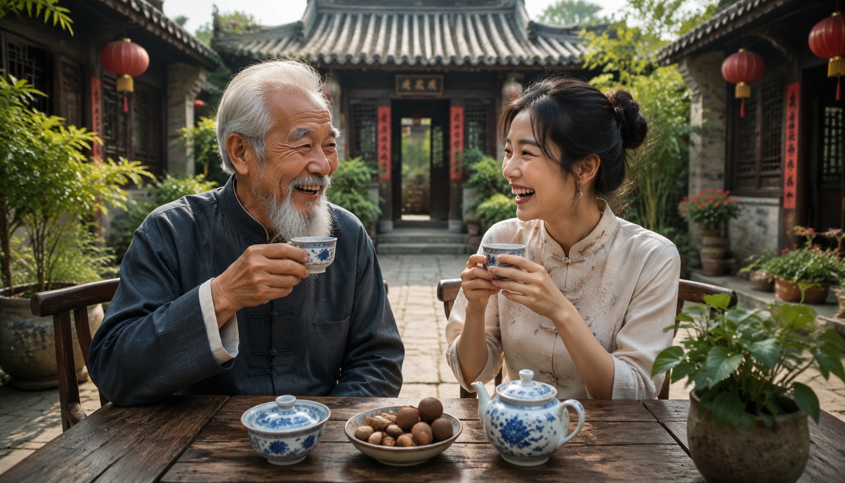 Intergenerational family bonding over tea in a traditional Chinese courtyard, grandmother and granddaughter enjoying quality time.