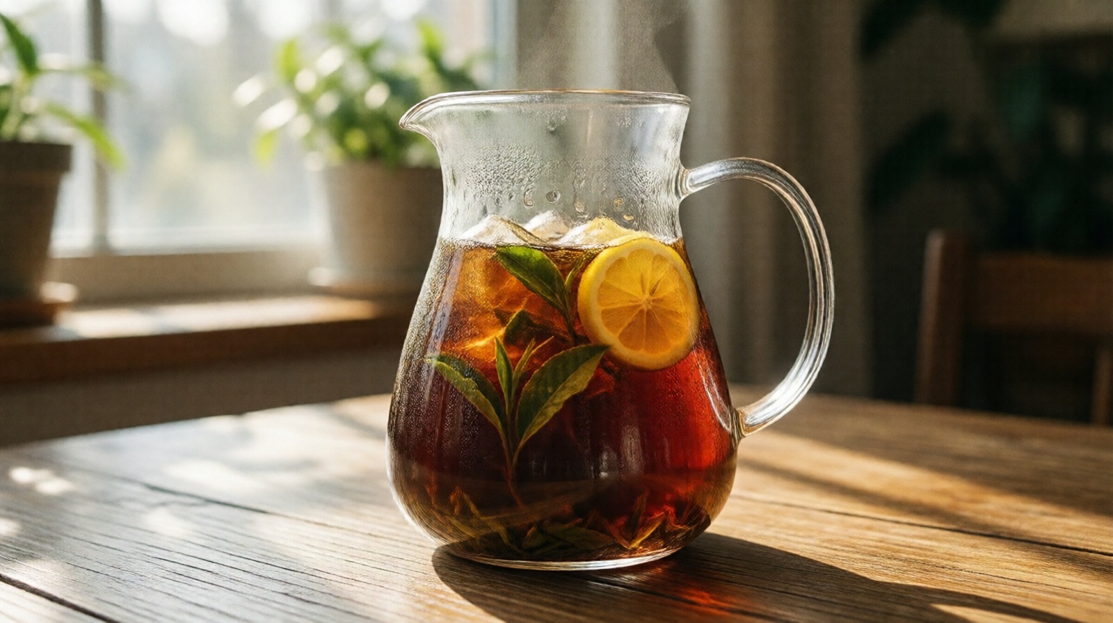 Glass pitcher of cold brew green tea with lemon and condensation on a wooden table in sunlight.