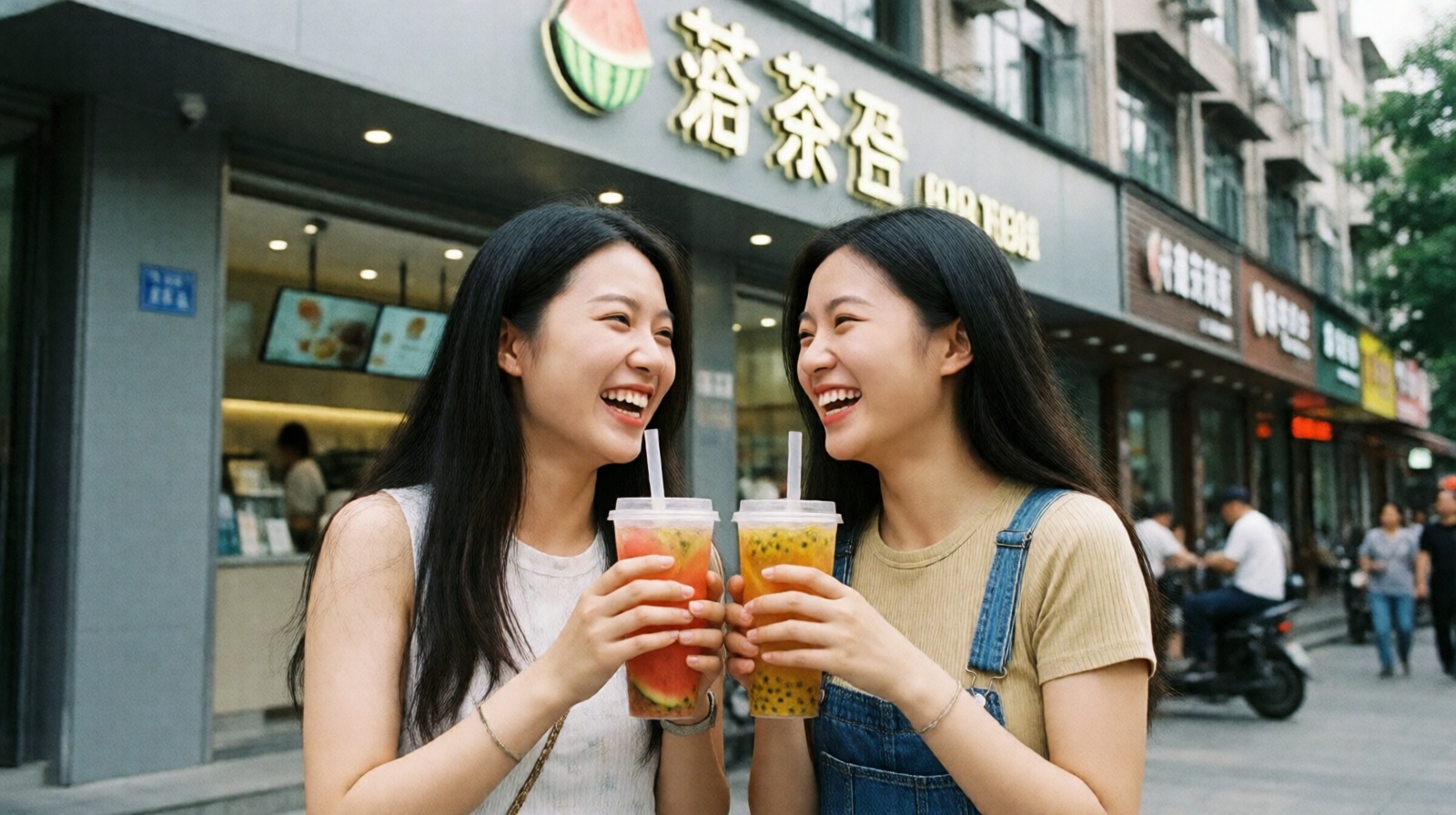 Two Chinese friends holding colorful fruit tea cups outside a tea shop in summer.