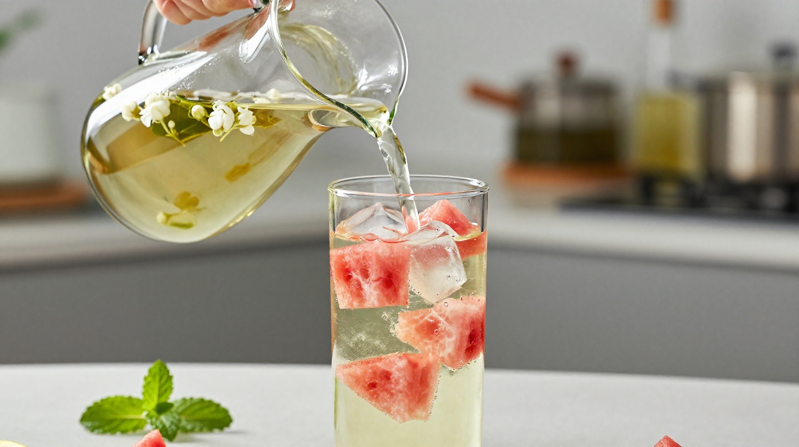 Hand pouring cold brew tea over ice and watermelon cubes in a glass.