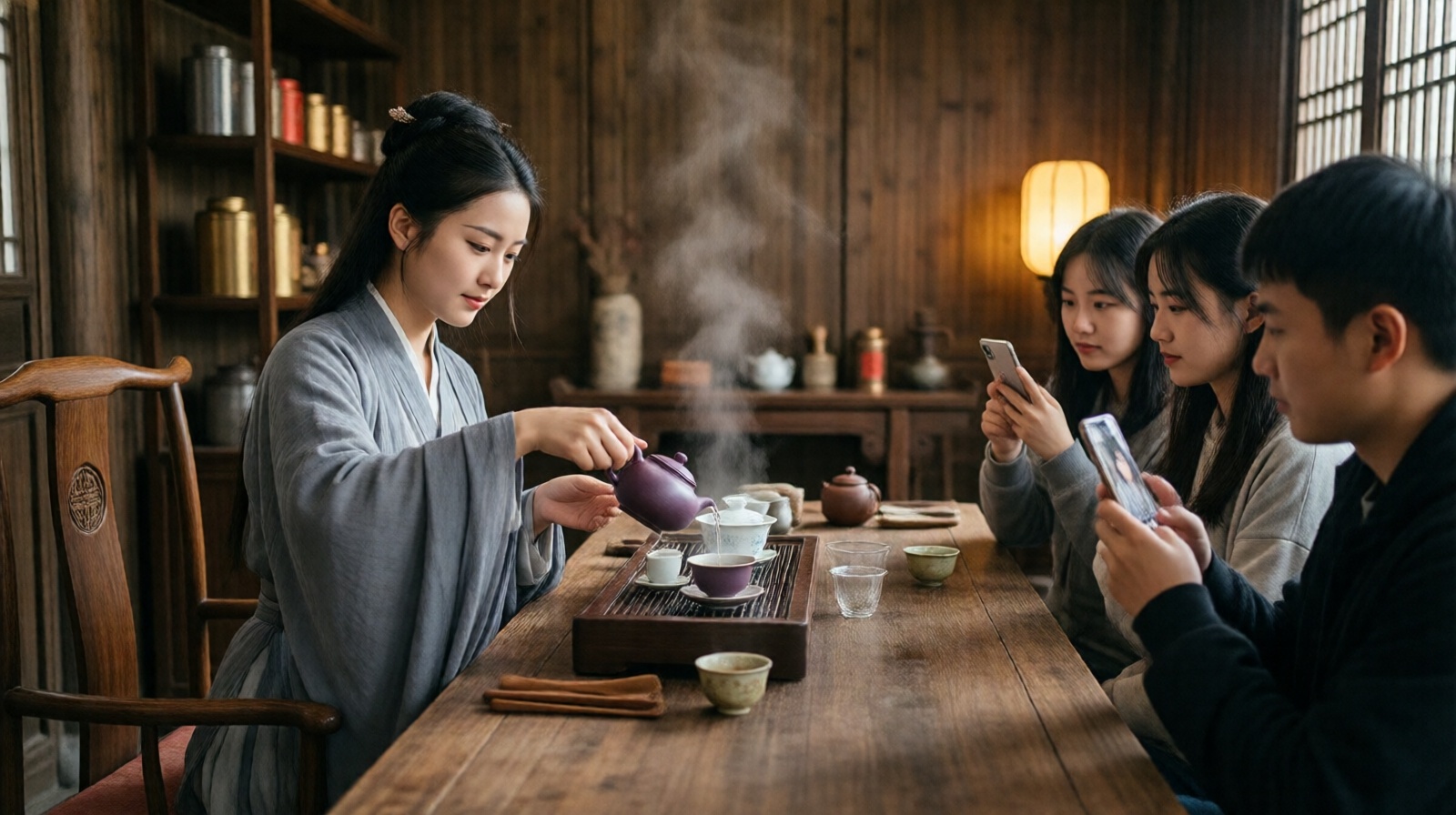 Young Chinese tea master in hanfu performing a tea ceremony for three friends in a traditional tea house, with steam and warm lighting
