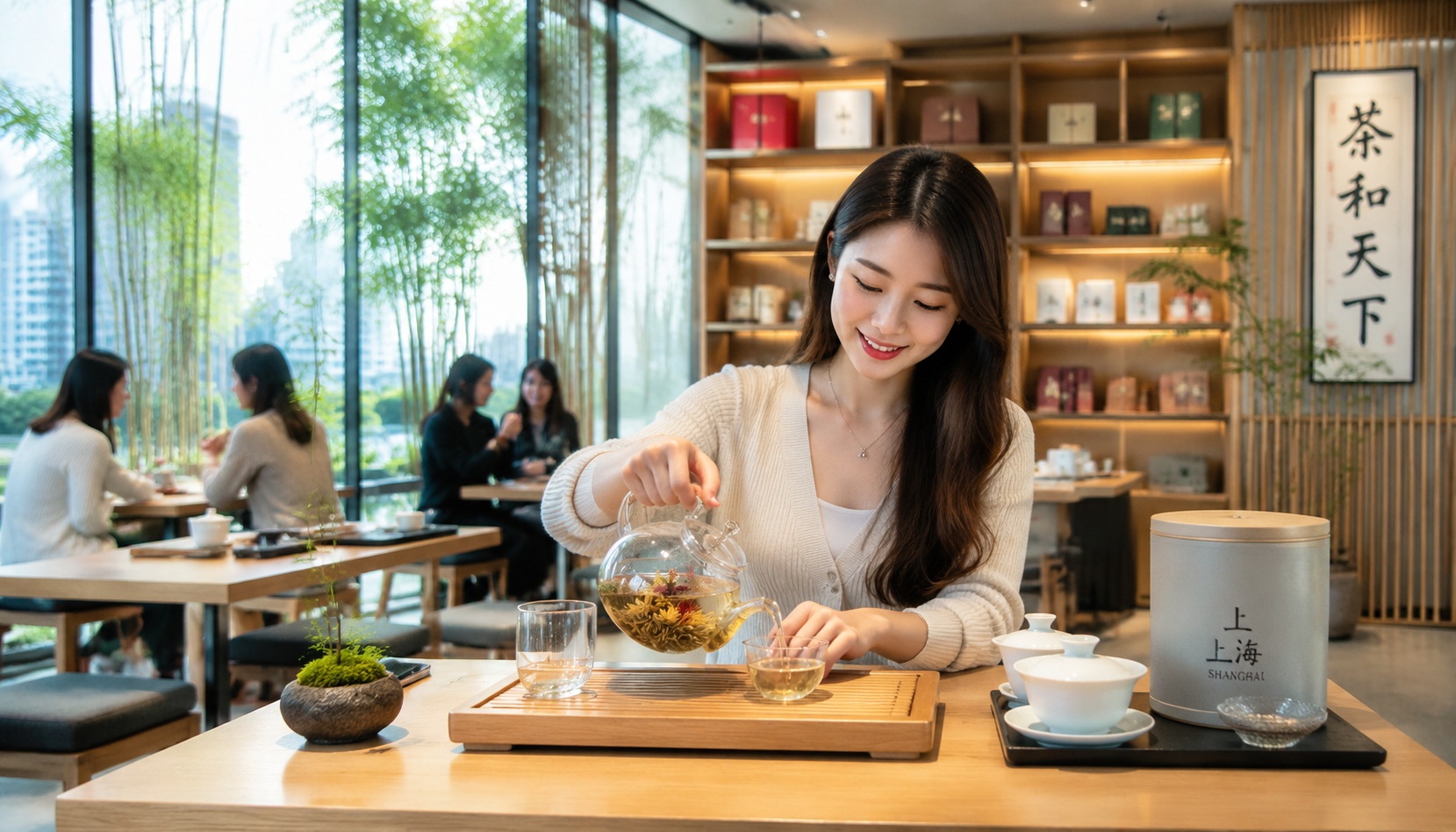 Young woman in a Shanghai tea salon pouring blooming tea from a glass teapot, modern interior with natural light