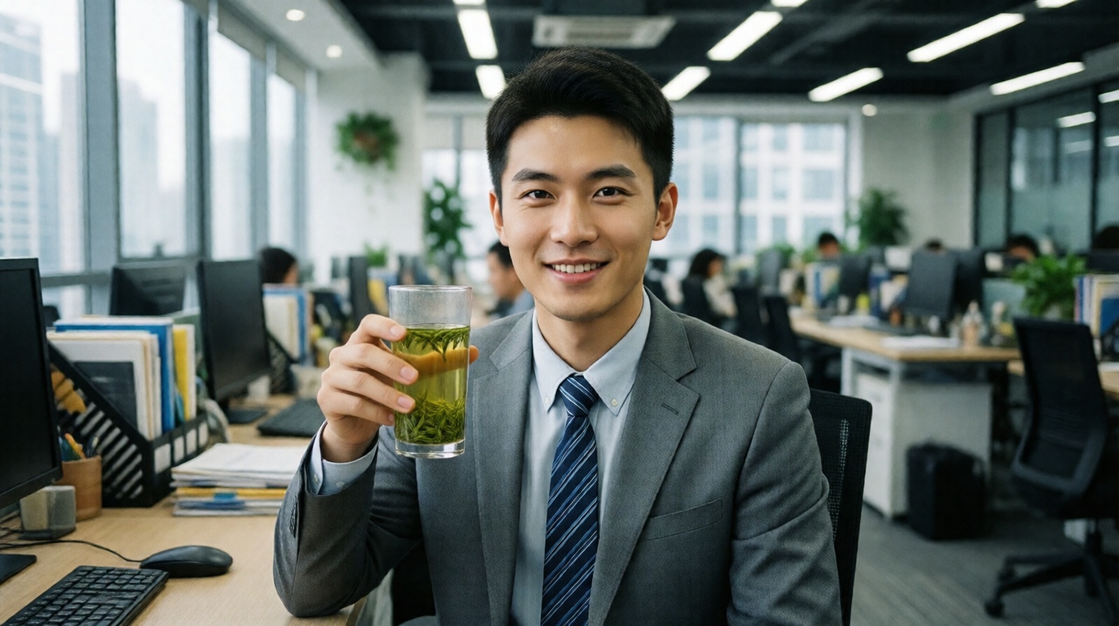Young Chinese office worker drinking green tea from a glass cup in a modern Shanghai office