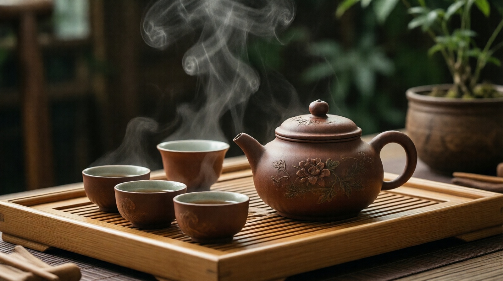 Gongfu tea ceremony with Yixing clay teapot and small cups on a bamboo tray