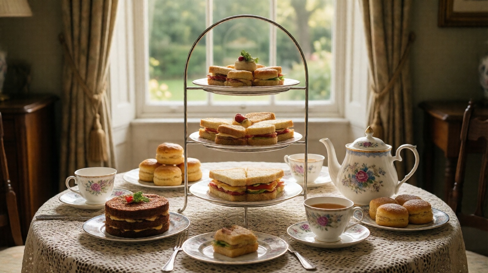 Traditional British afternoon tea with three-tiered stand of sandwiches, scones, and cakes