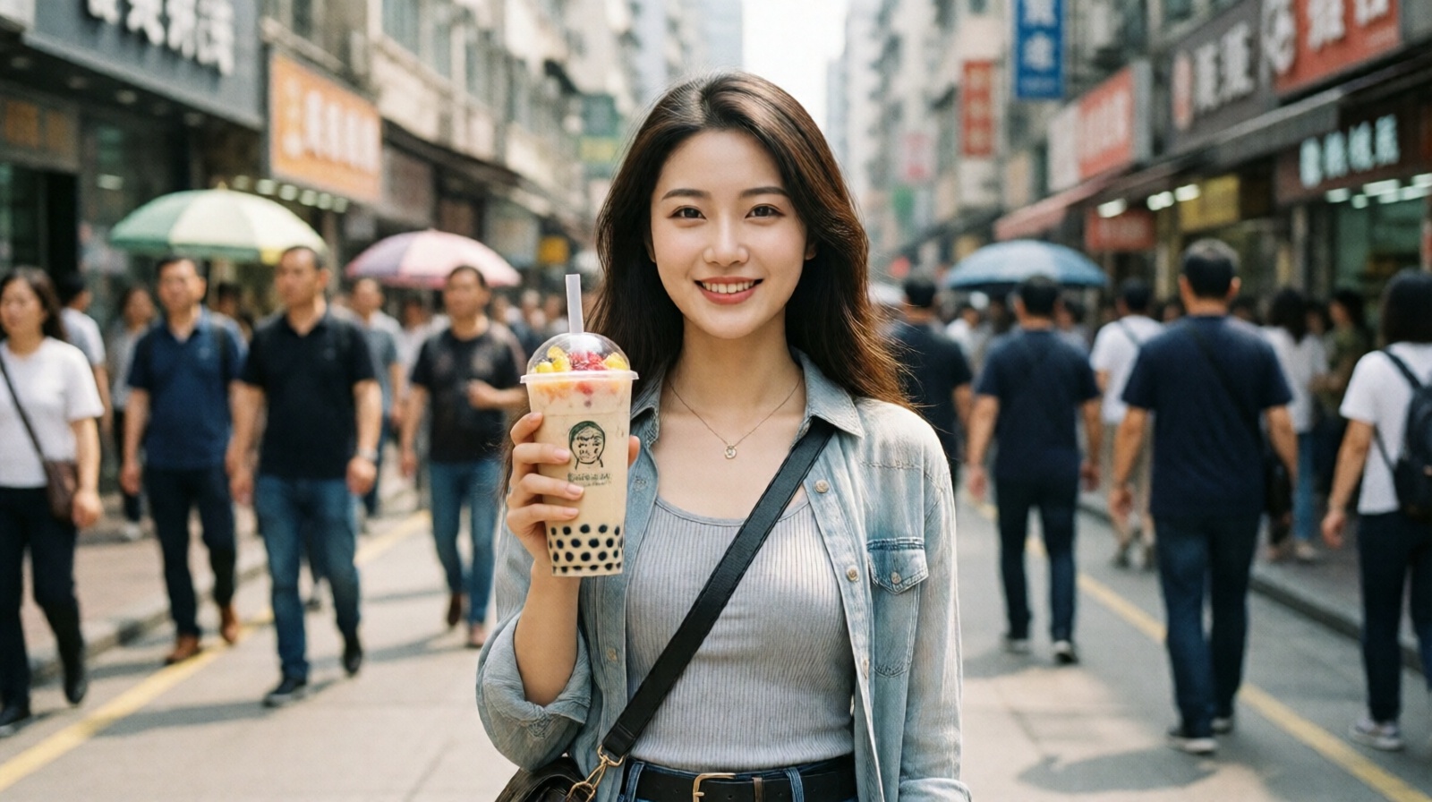 Young Chinese woman drinking fruit and bubble tea on a city street in China
