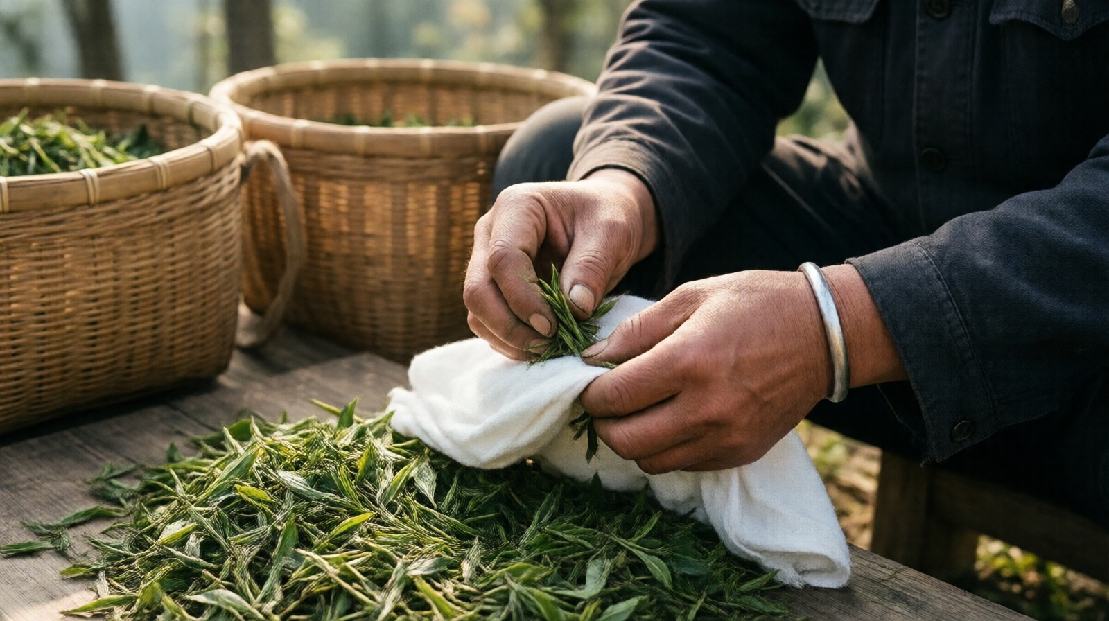 Tea farmer's hands wrapping tea leaves in cloth for yellow tea yellowing process in Huoshan, China.