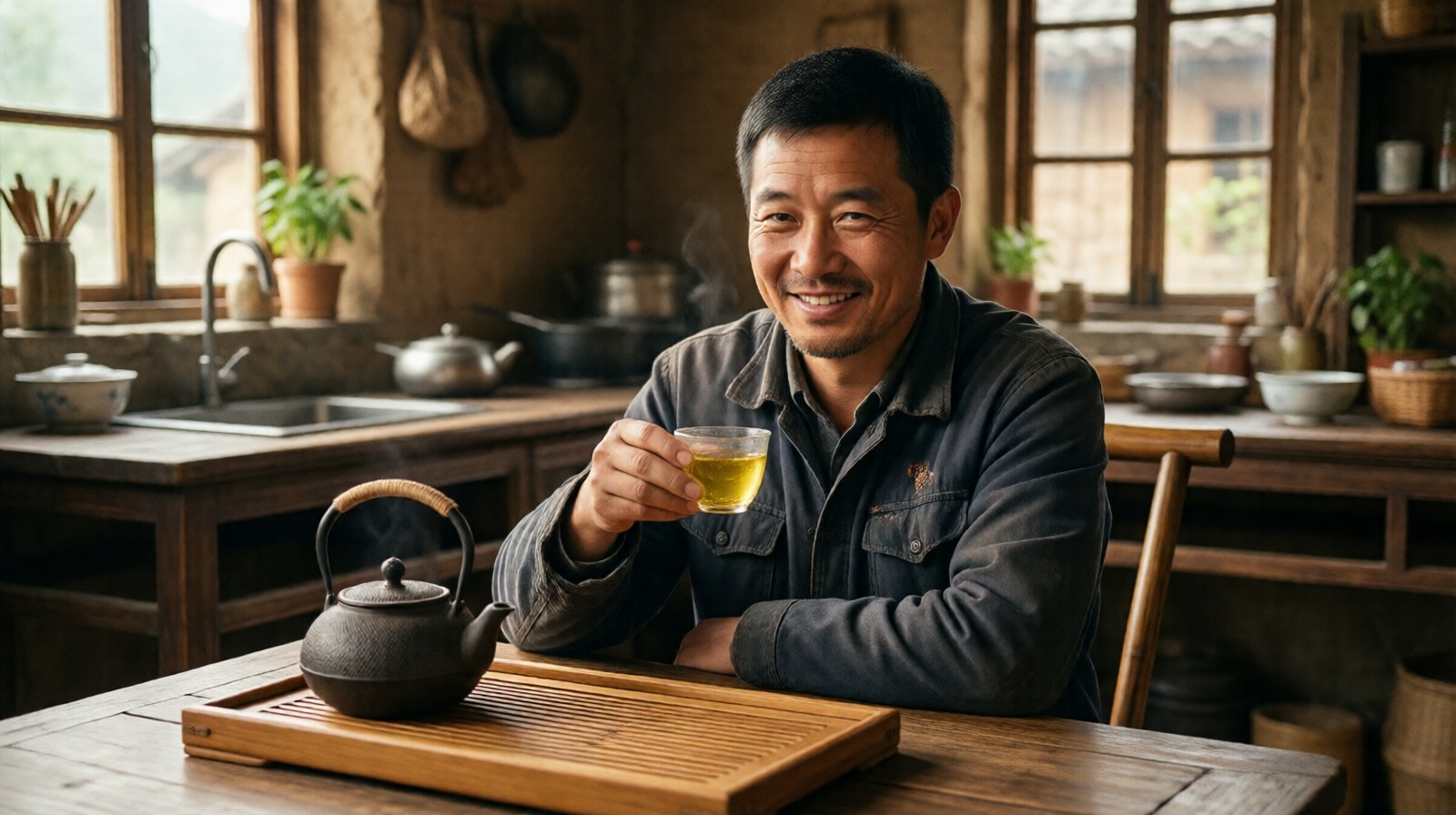 Chinese tea farmer in Huoshan drinking a cup of Huoshan Huangya yellow tea at home.