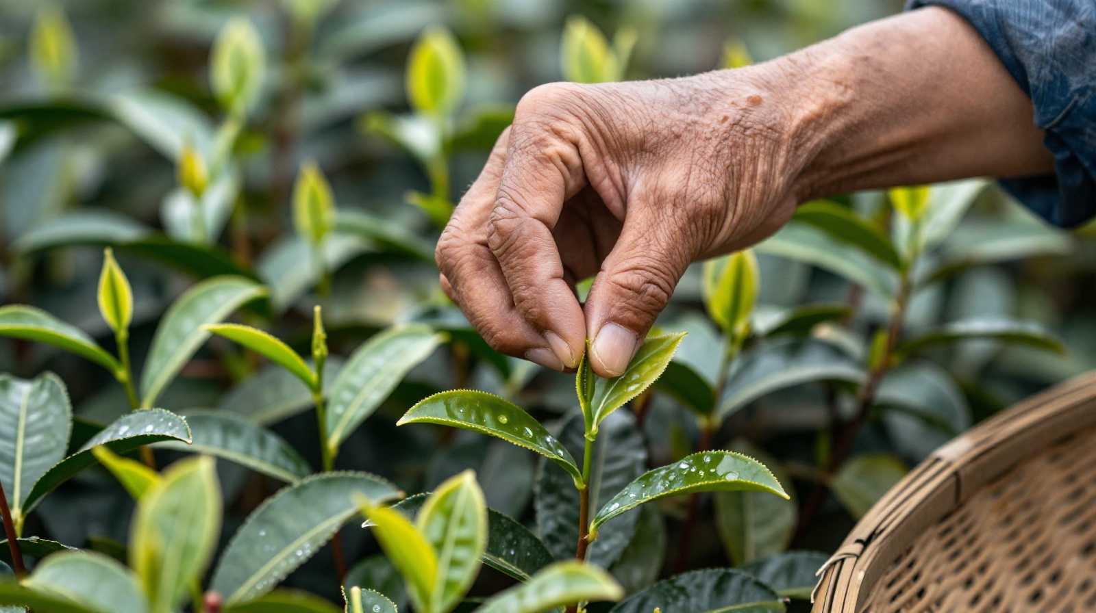 Chinese tea farmer picking fresh tea leaves by hand in early morning, showing calloused fingers and careful technique