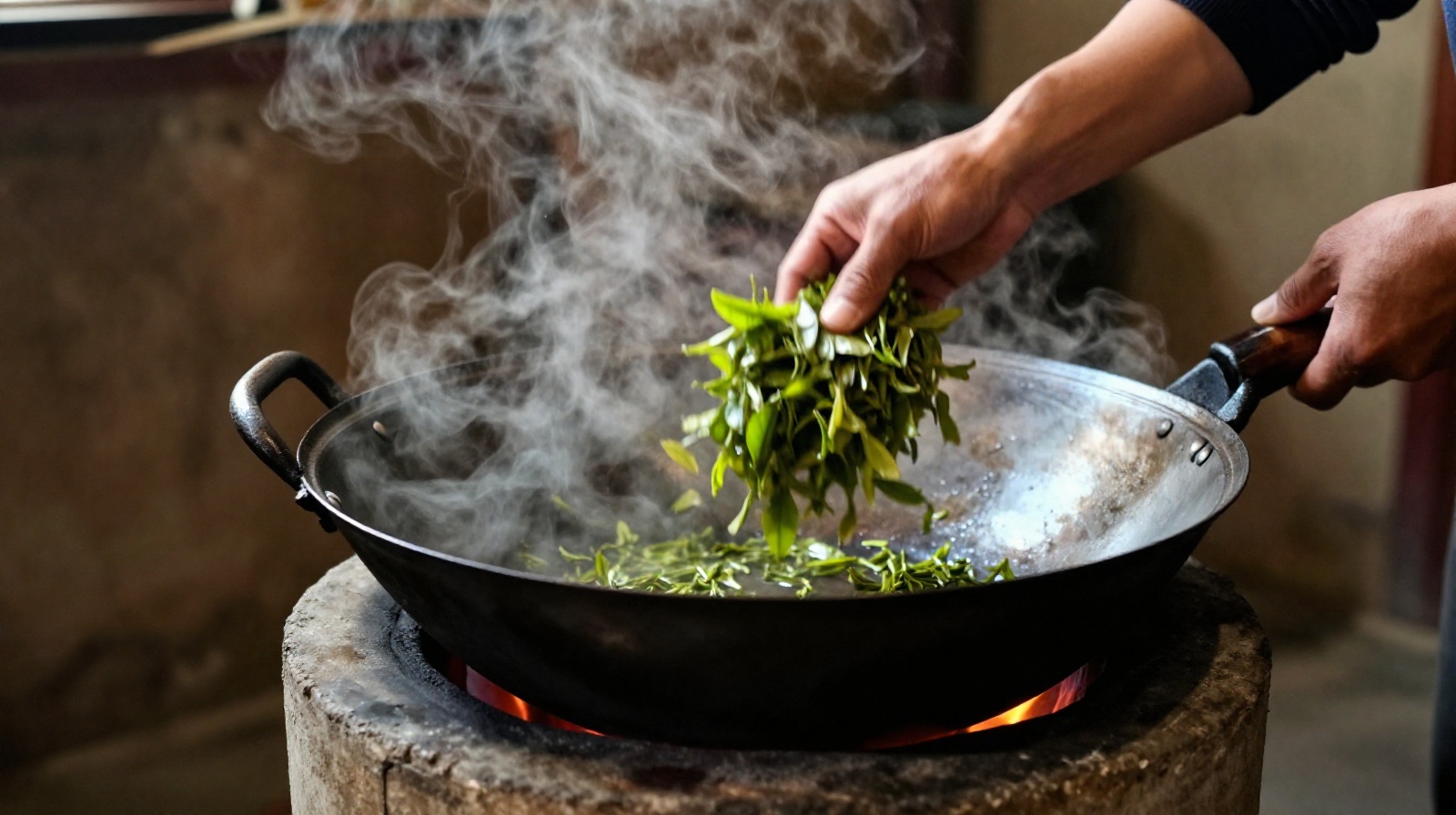 Traditional Chinese tea farmer hand-roasting green tea leaves in an iron wok over wood fire, demonstrating skill and heat tolerance