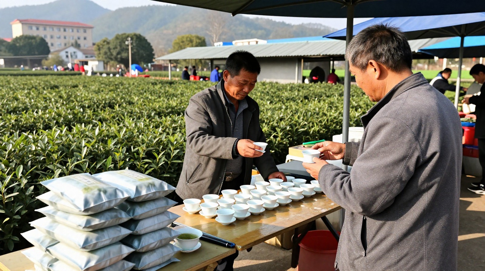 Tea farmer and buyer haggling over price at an open-air market in rural China, with sample cups and bags of finished tea