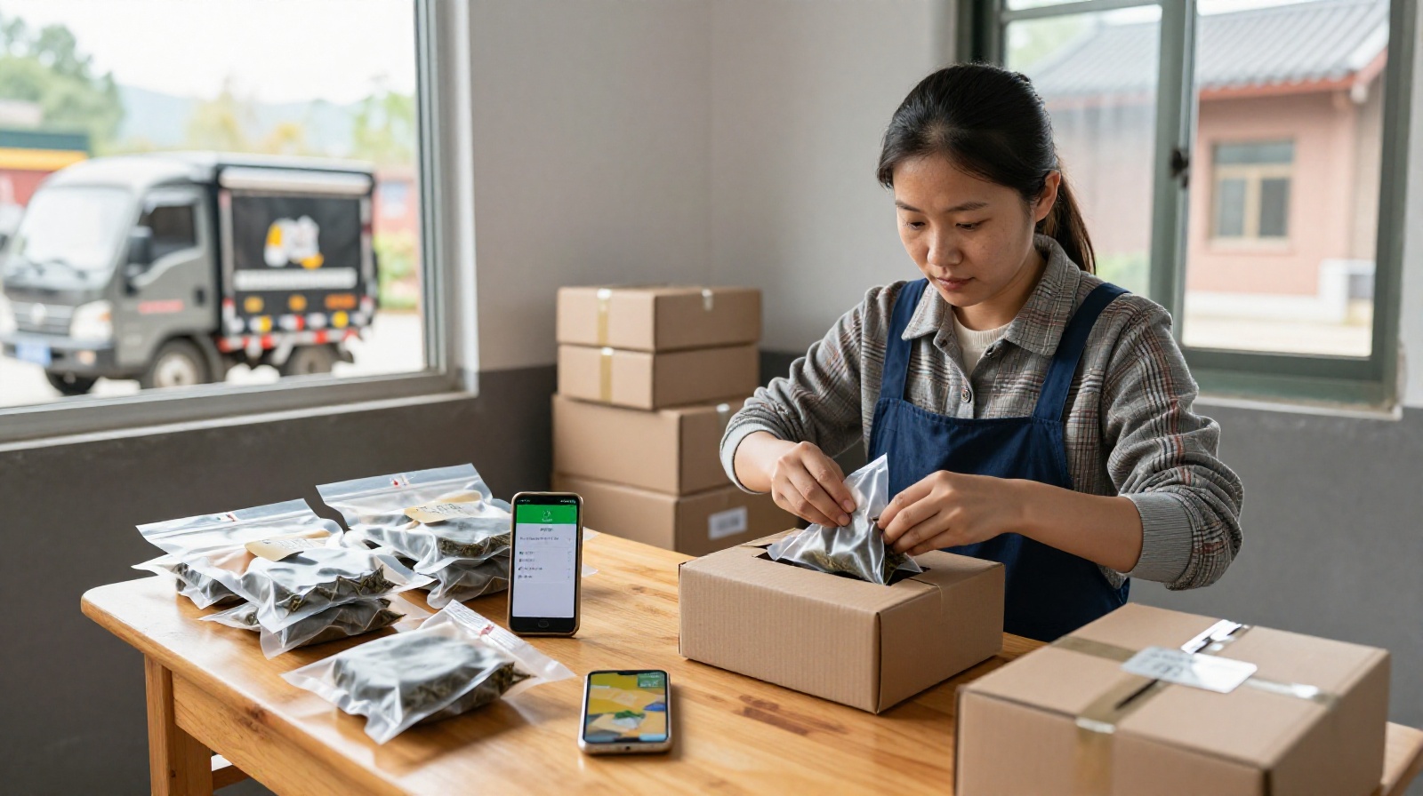 Chinese woman packing tea for online orders at home, using smartphone and courier service as part of modern rural e-commerce