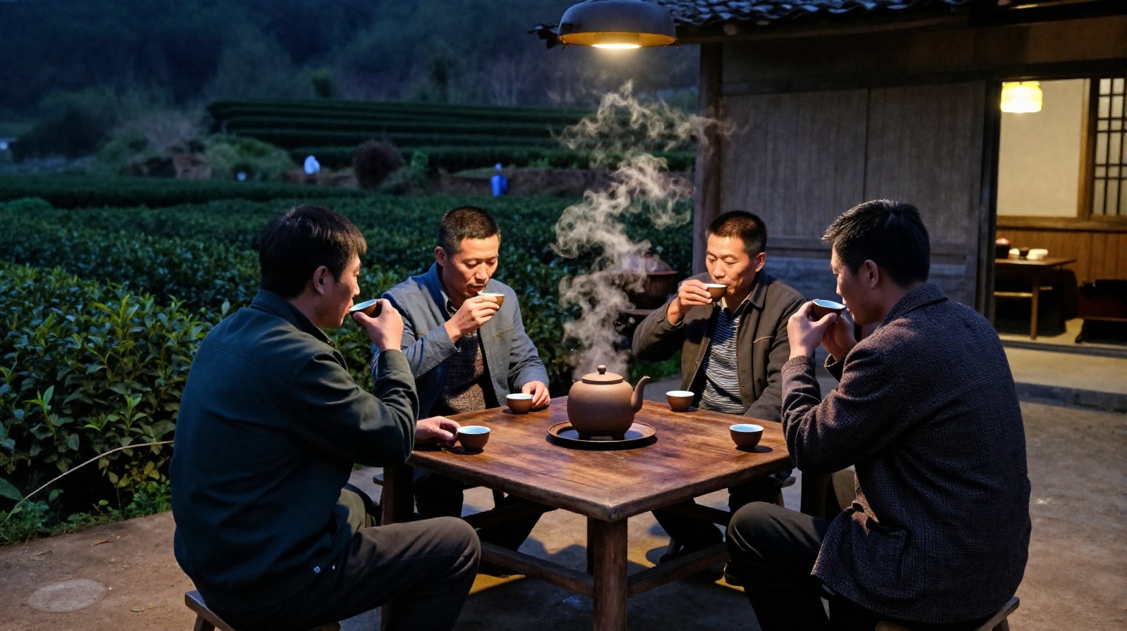 Chinese tea farmer family gathering at evening to taste the day's fresh tea and talk about future plans