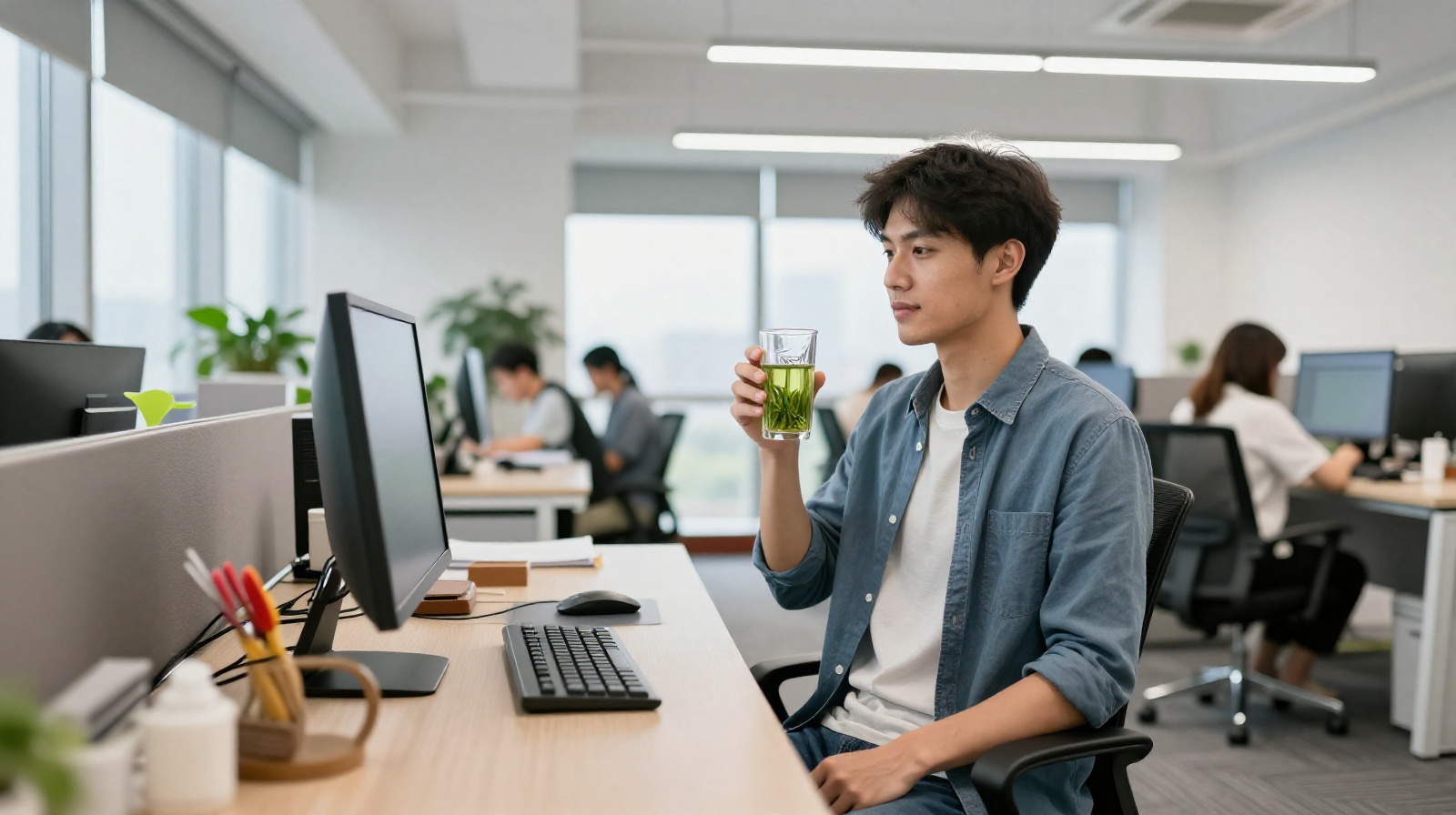Young Chinese office worker drinking green tea at his desk in a modern office