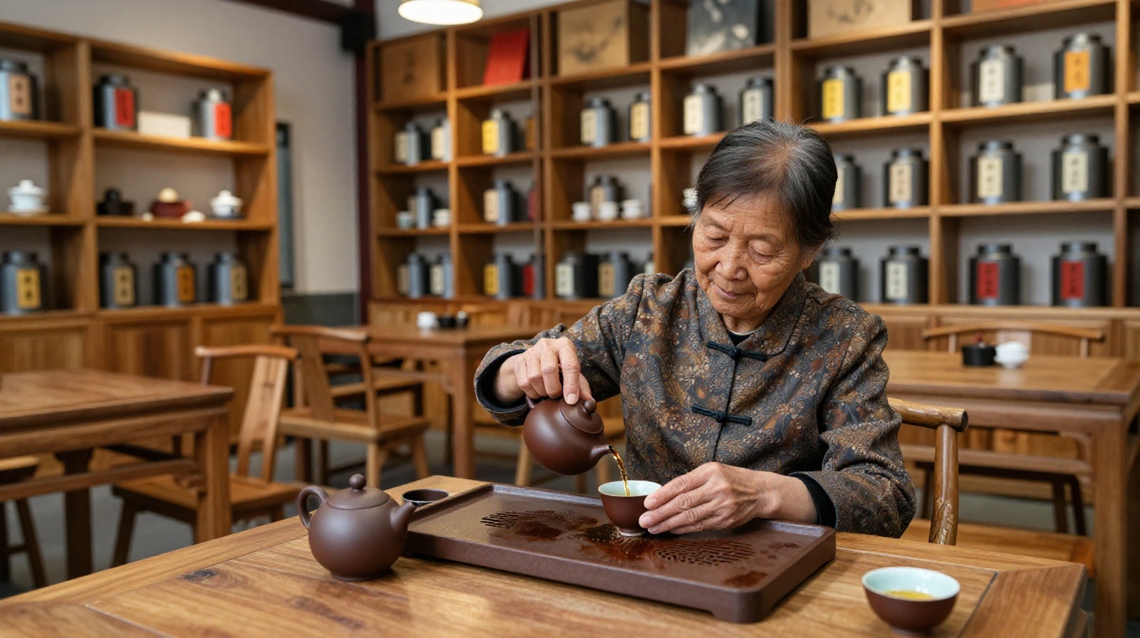 Elderly Chinese woman pouring pu'er tea in a Chengdu tea house
