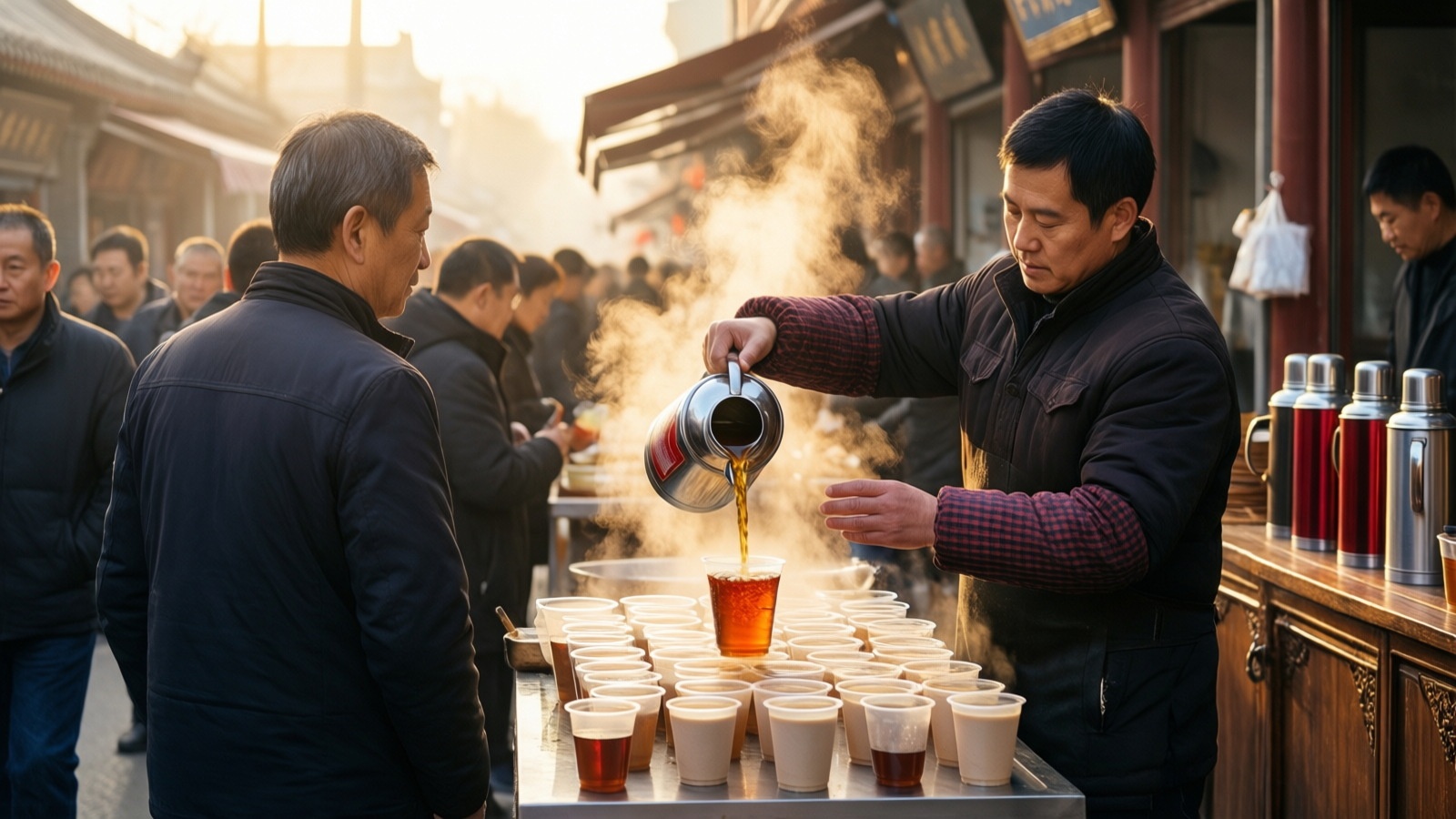 Street vendor pouring hot tea into a plastic cup for a customer in a Chinese morning market